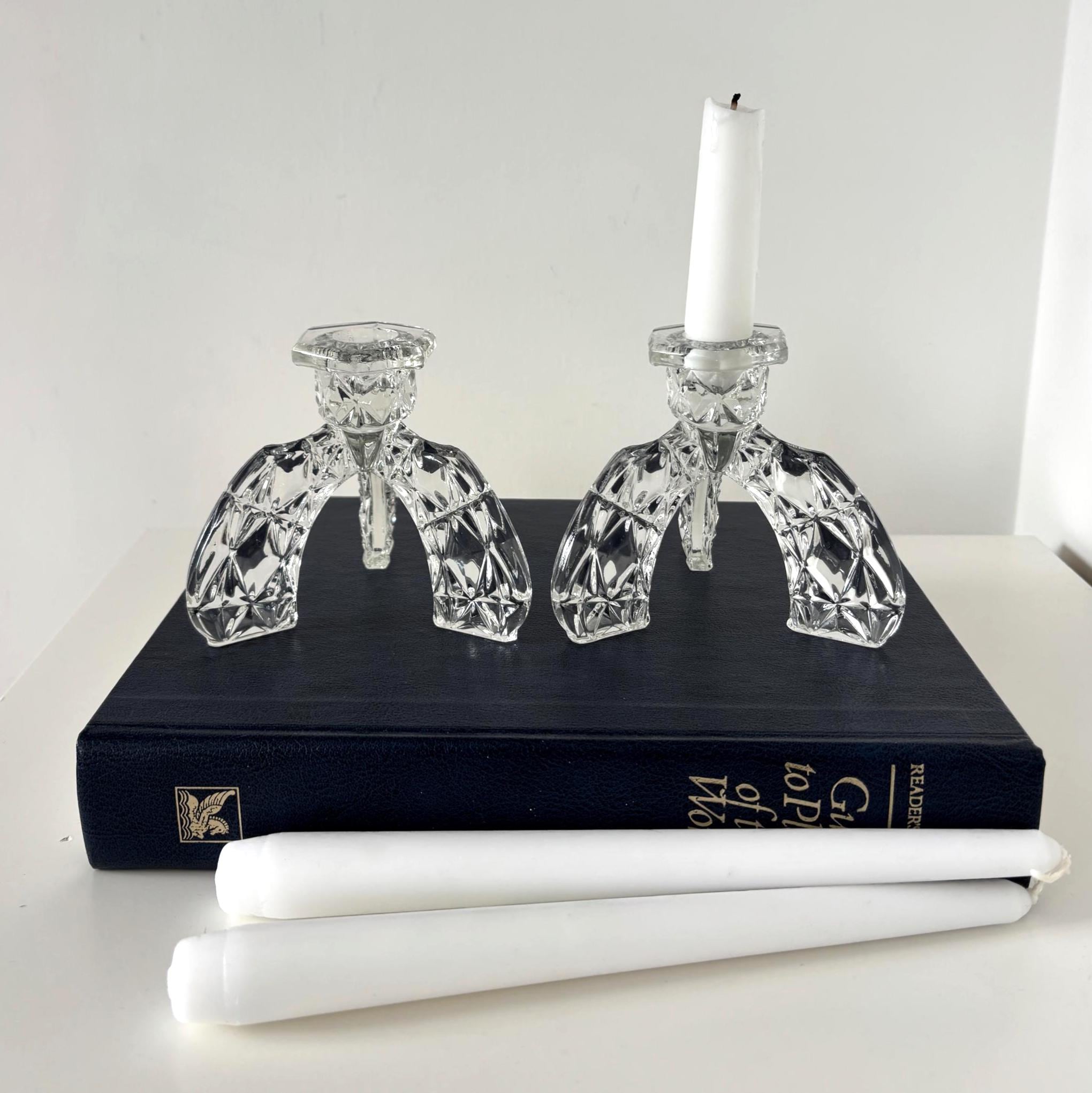 Vintage Glass Candlesticks Pair Art Deco Style Tripod Candle Holders Crystal Cut Design Decor