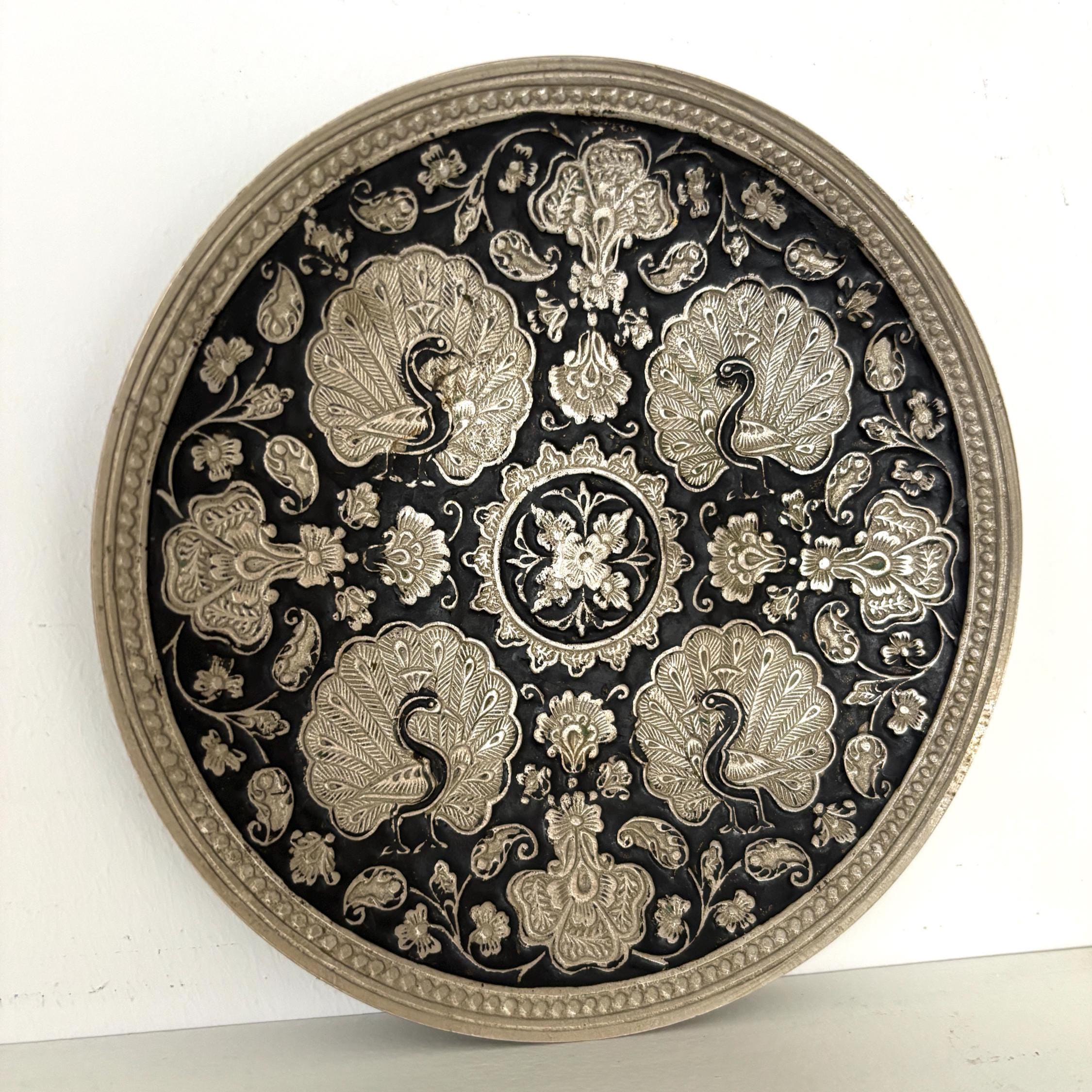 Vintage Silver & Black Peacock Wall Plate | Embossed Metal Hanging Tray, Boho Wall Decor