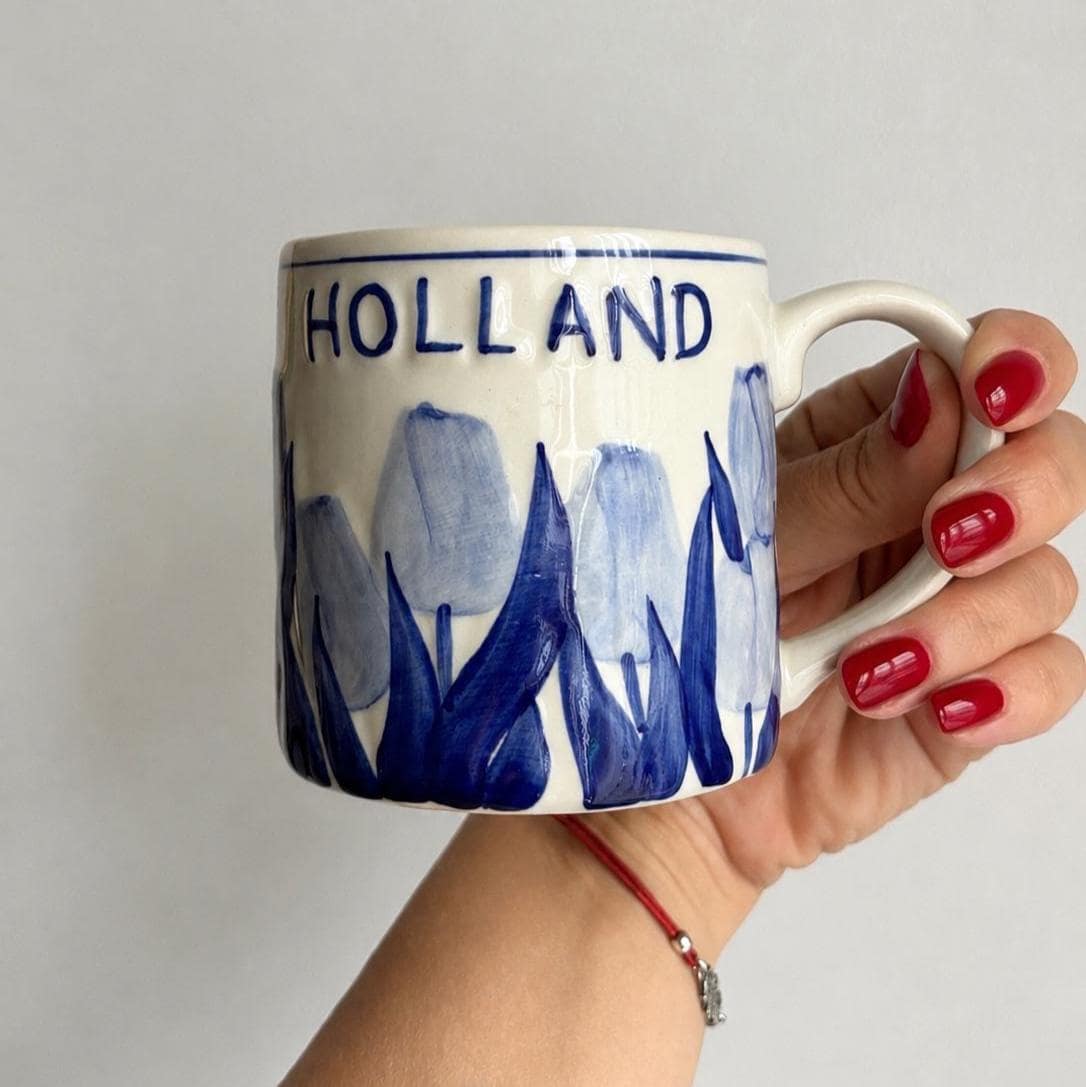 Vintage Holland Delft Style Tulip Mug Blue White Hand Painted Dutch Ceramic Cup