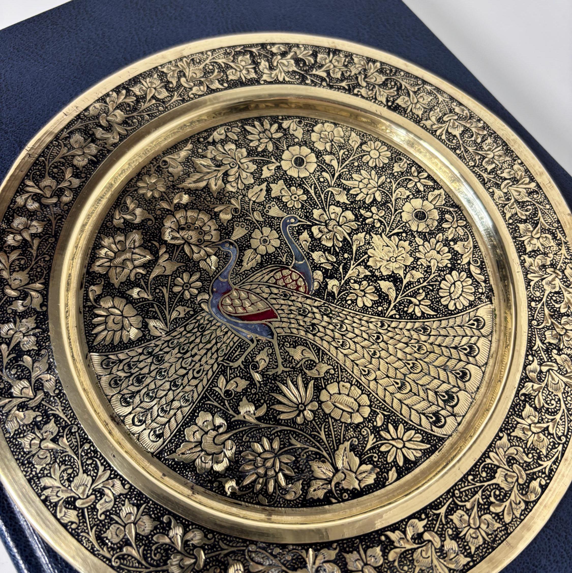 Vintage Brass Peacock Plate Etched Floral Indian Wall Hanging Decor