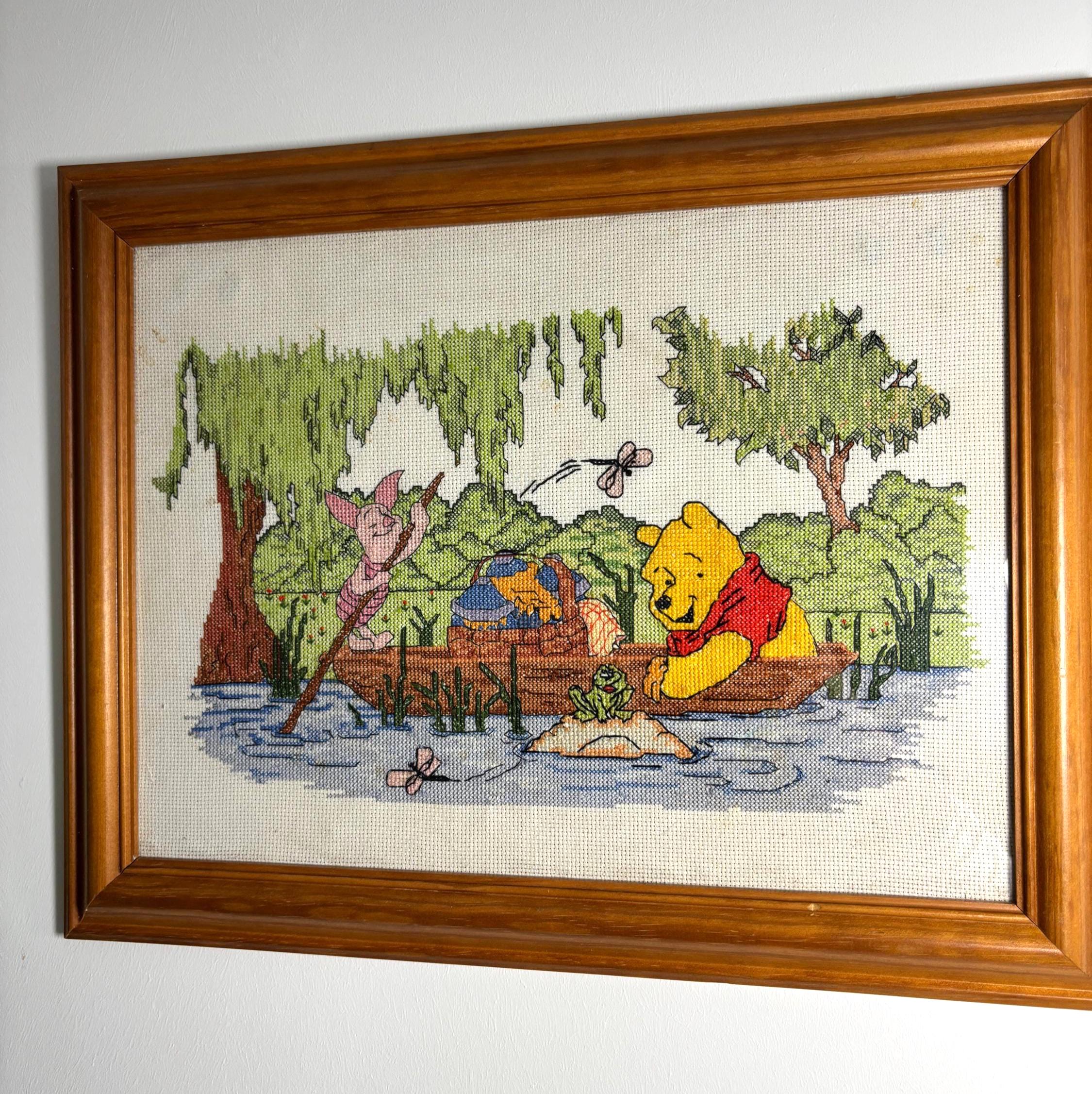 Vintage Framed Winnie the Pooh Cross Stitch Embroidery Nursery Wall Art Piglet Boat Scene