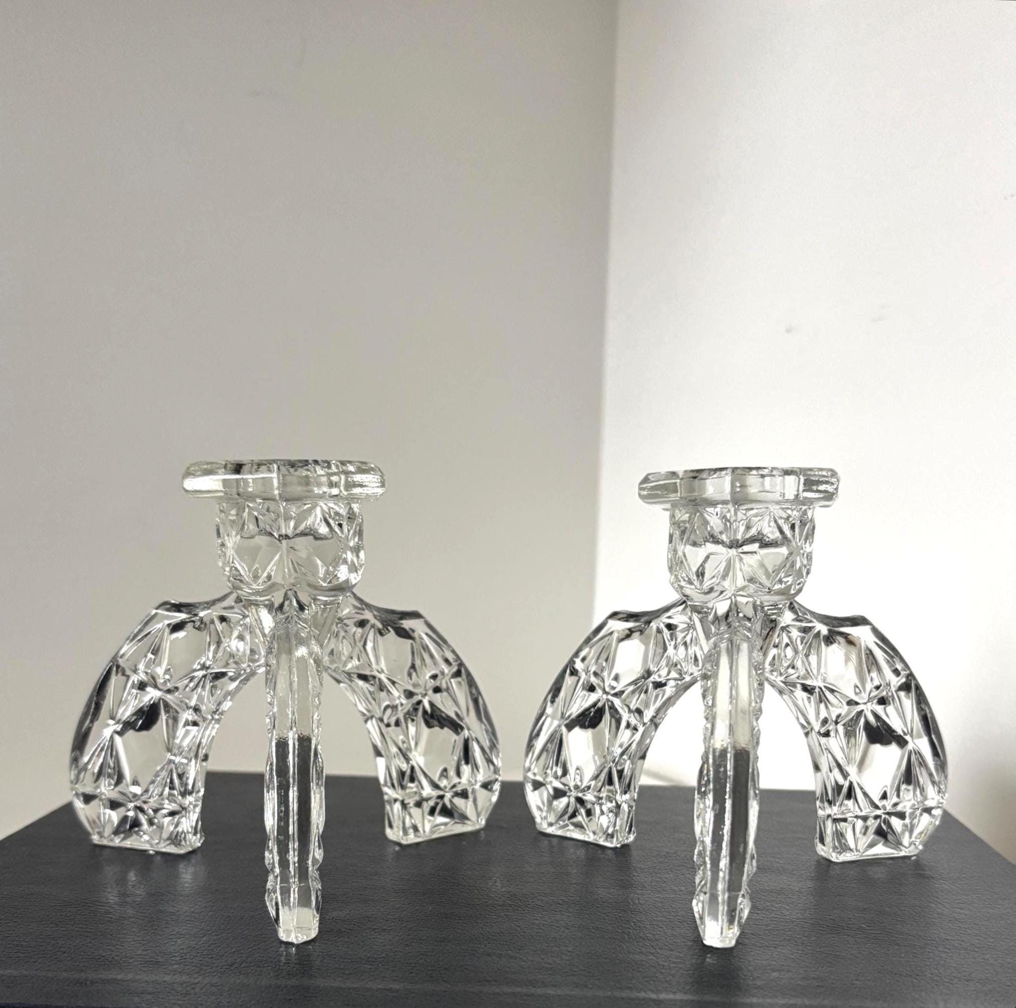 Vintage Glass Candlesticks Pair Art Deco Style Tripod Candle Holders Crystal Cut Design Decor