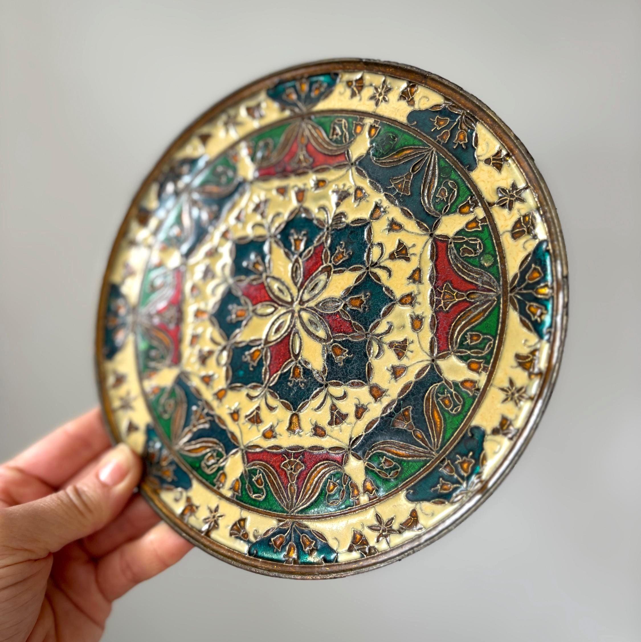 Vintage Brass Wall Plate Islamic Moorish Enamel Style Decorative Hanging Tray Boho Decor