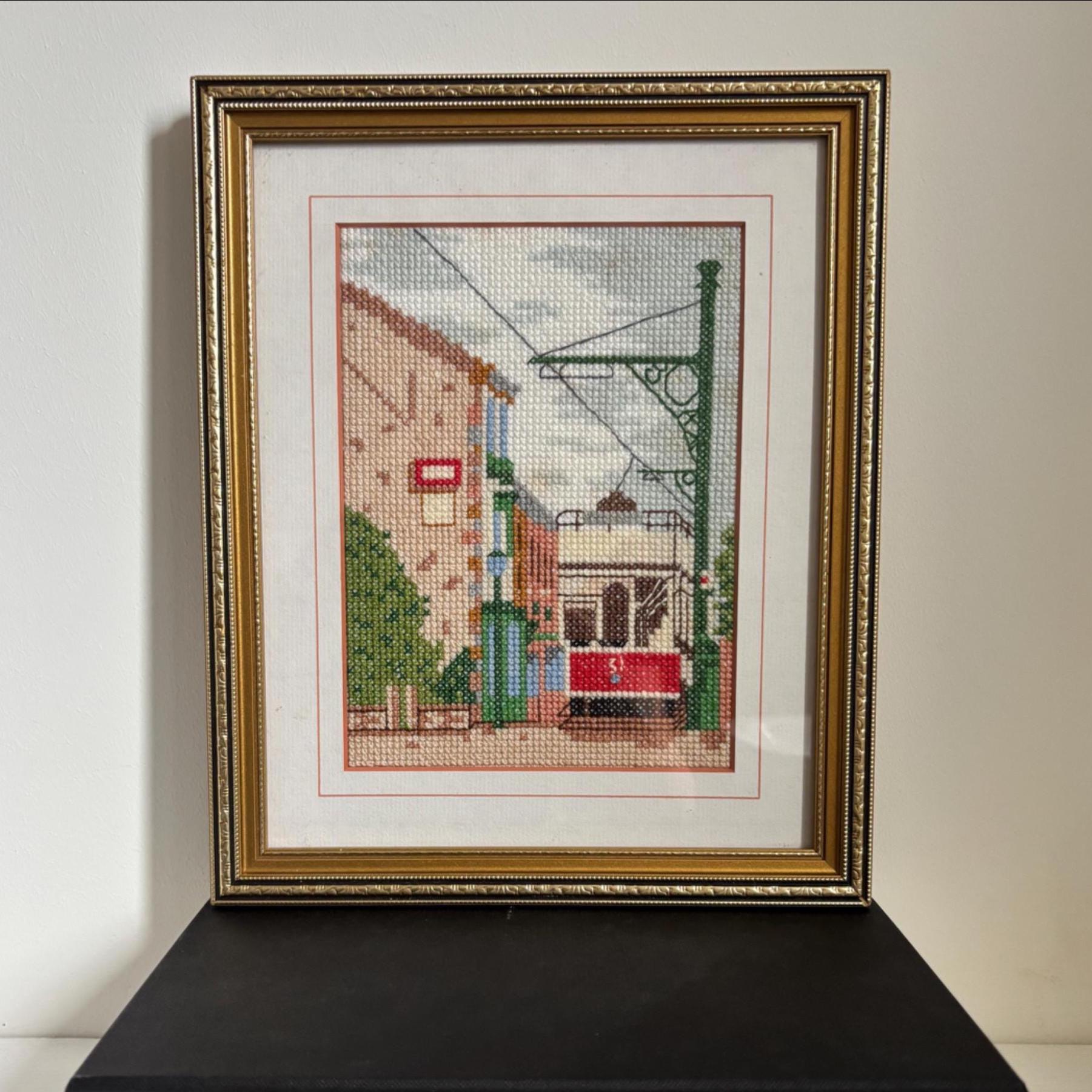 Vintage Framed Cross Stitch: Beamish Tram Embroidery Wall Art