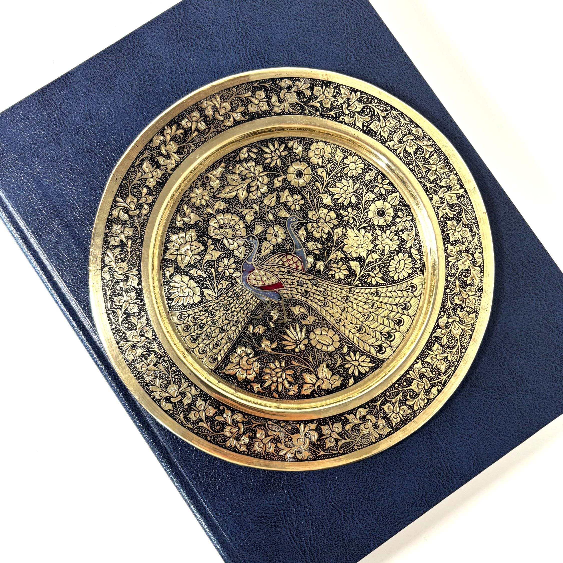 Vintage Brass Peacock Plate Etched Floral Indian Wall Hanging Decor