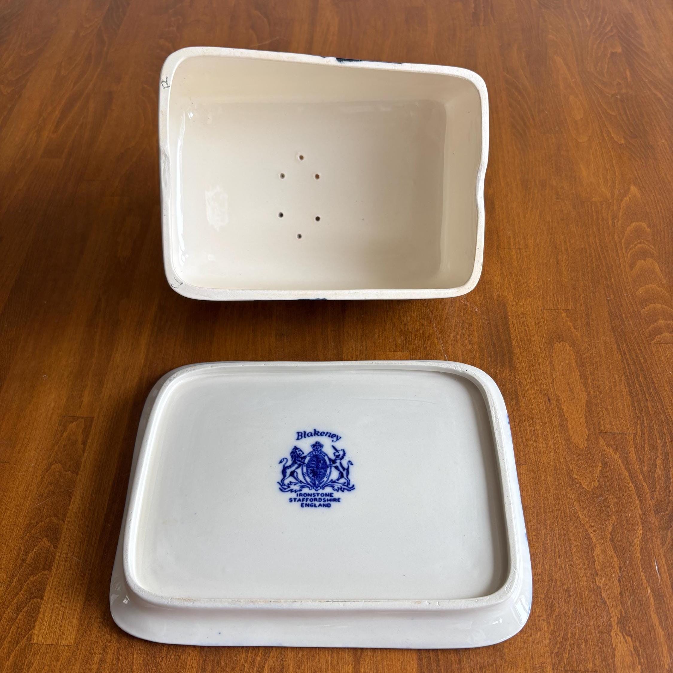 Vintage Blakeney Blue Transfer-ware Cheese Keeper Ironstone Cheese Dish Staffordshire England