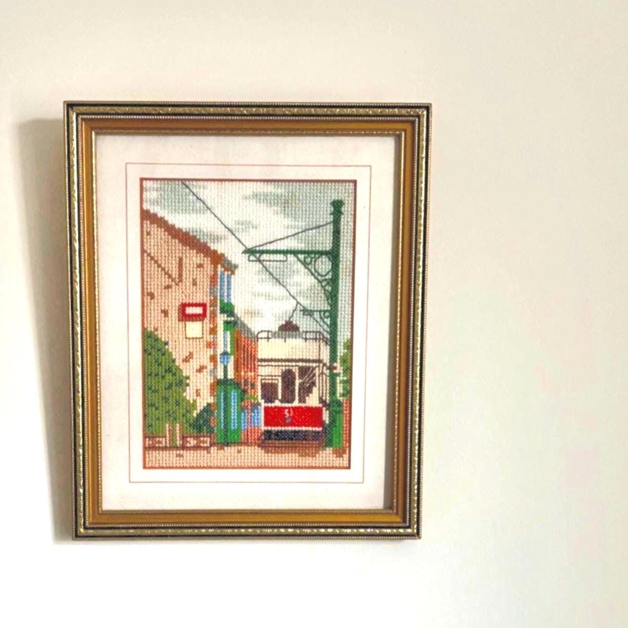 Vintage Framed Cross Stitch: Beamish Tram Embroidery Wall Art