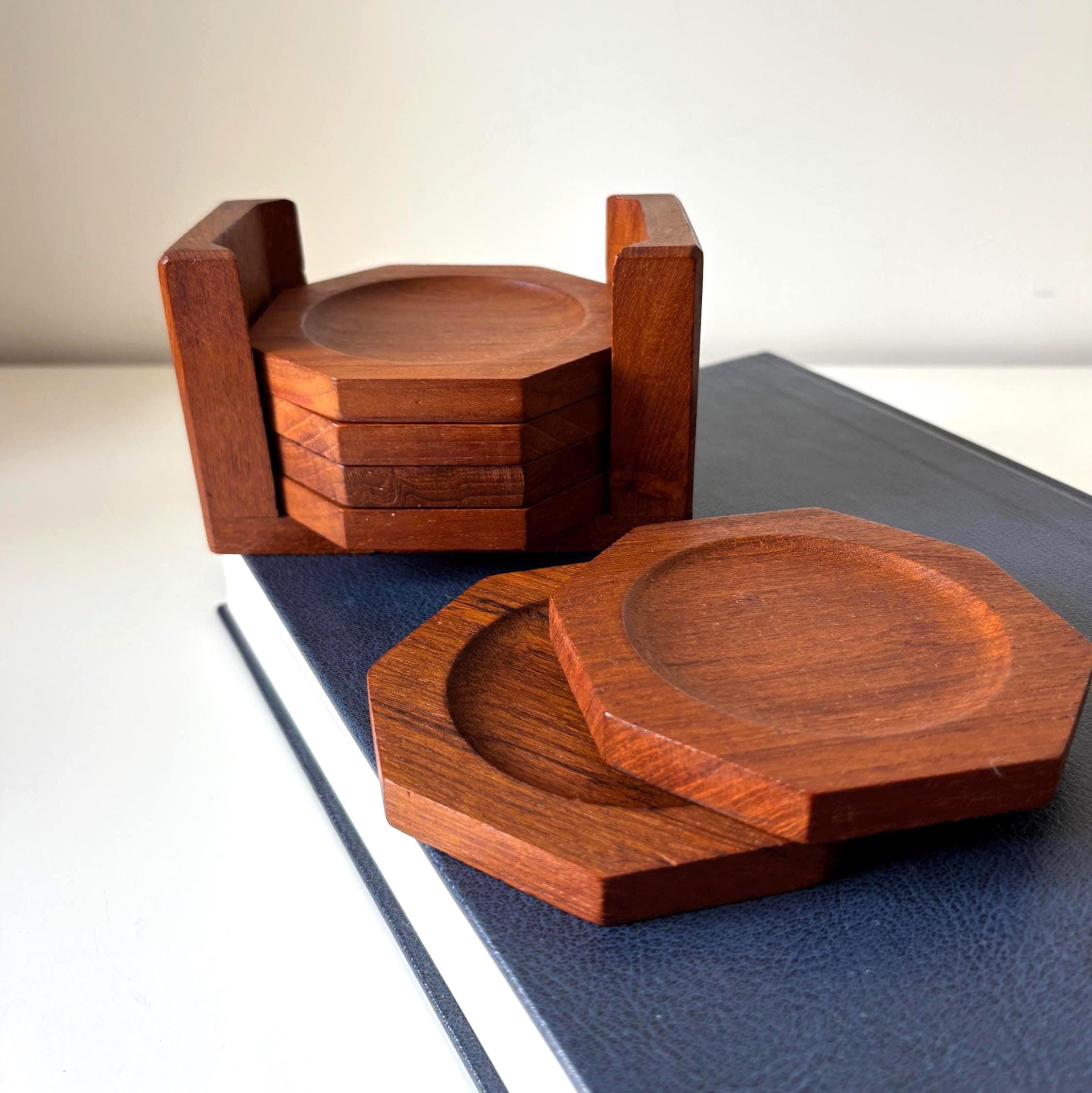 Vintage Teak Coaster Set – Danish Mid Century Modern Wooden Barware (Set of 6)