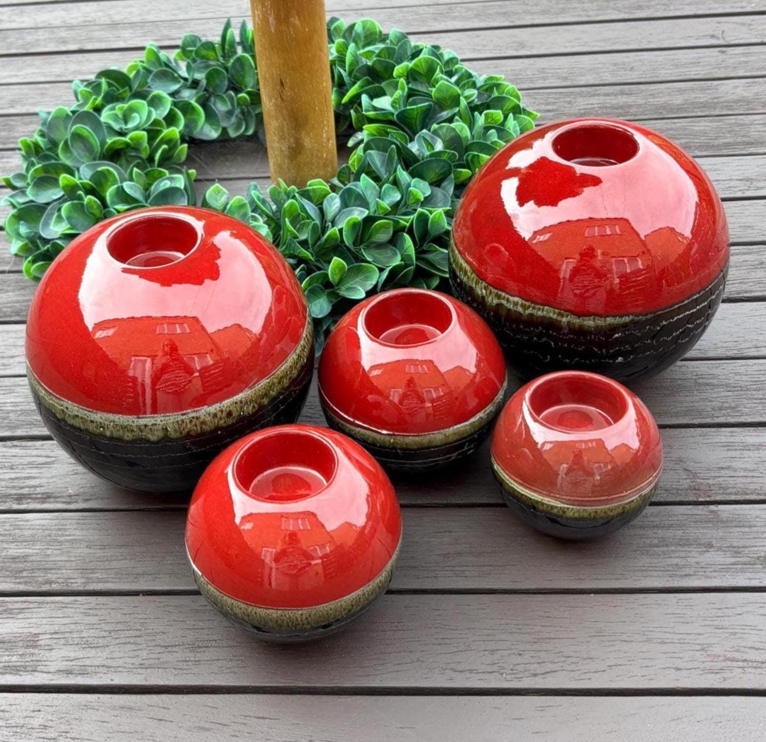 Vintage Portuguese Ceramic Candle Burners Set of 5 Red Black Glazed Tea-light Holders