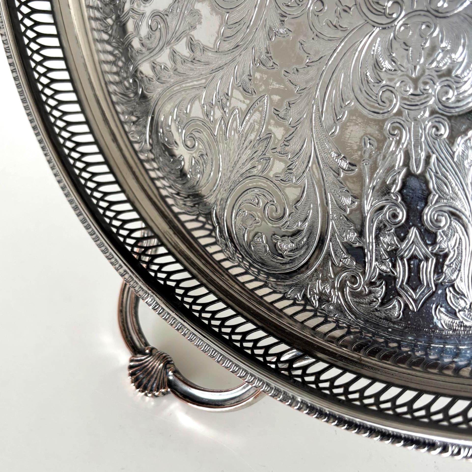 Large Cavalier Silver Plated Serving Tray, Round Gallery Tray With Handles, Made in England