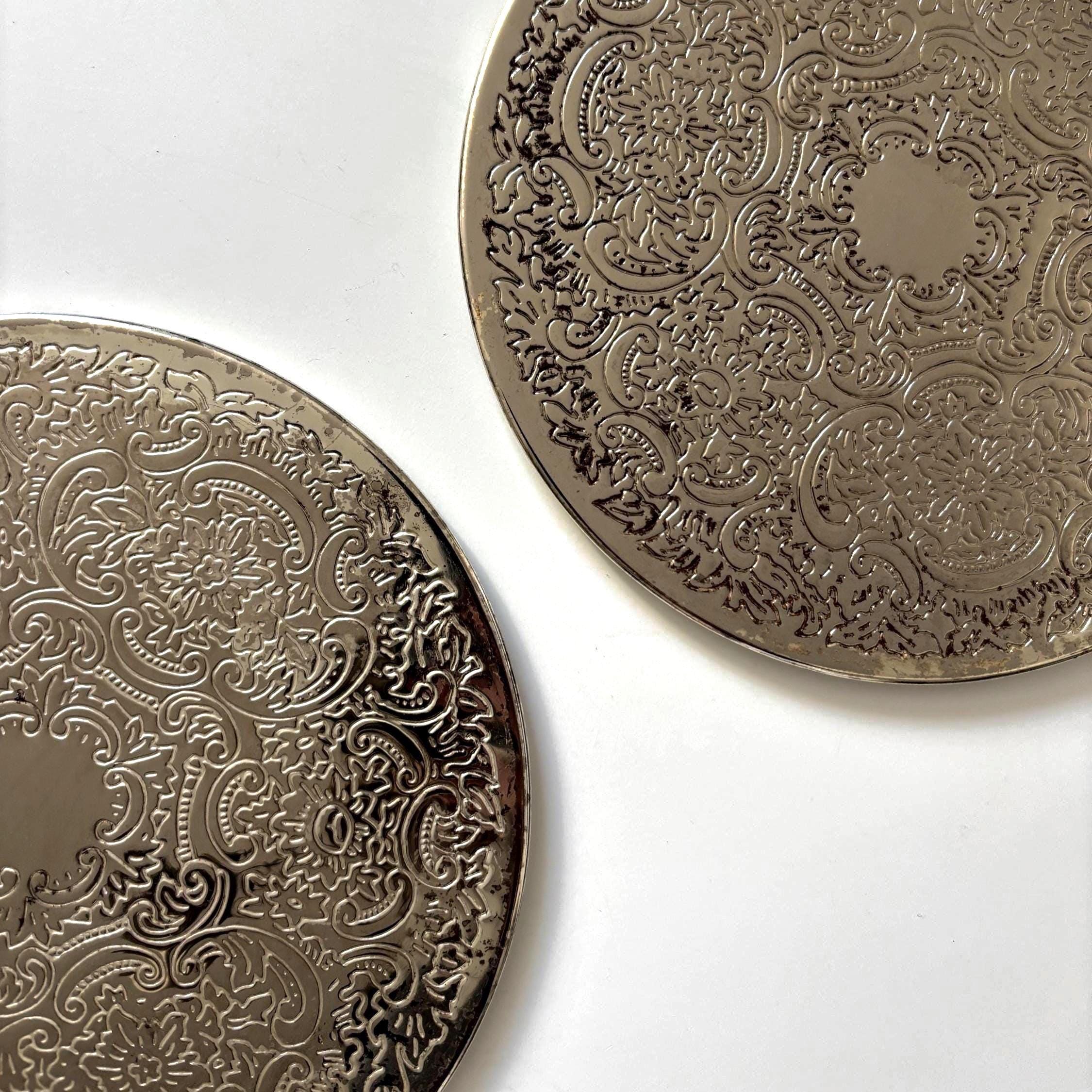 Vintage Silver Plated Decanter Slides | Chased Rococo Barware Coasters