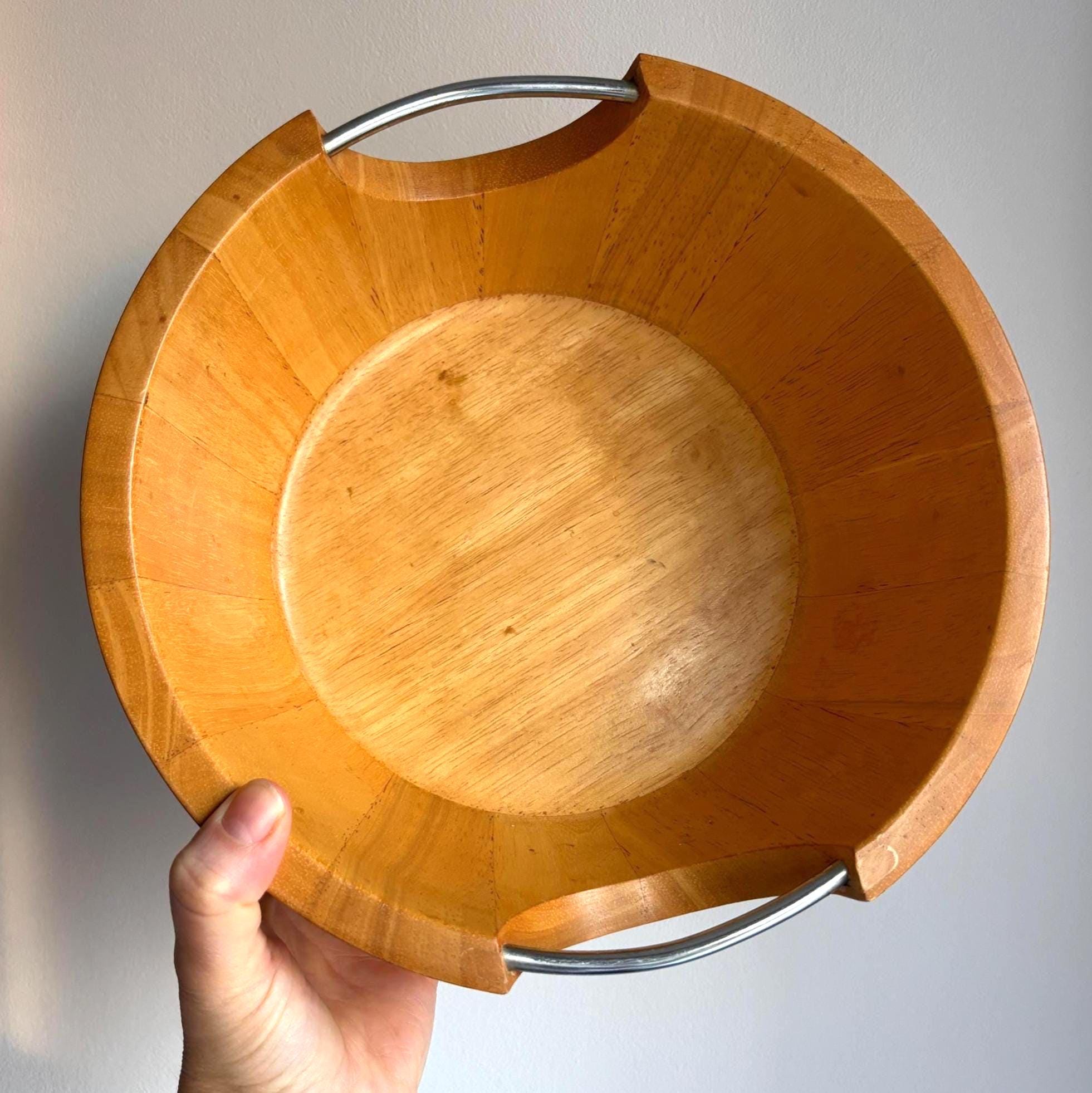 Vintage Wooden Salad Bowl with Chrome Handles | Mid Century Modern Serving Bowl