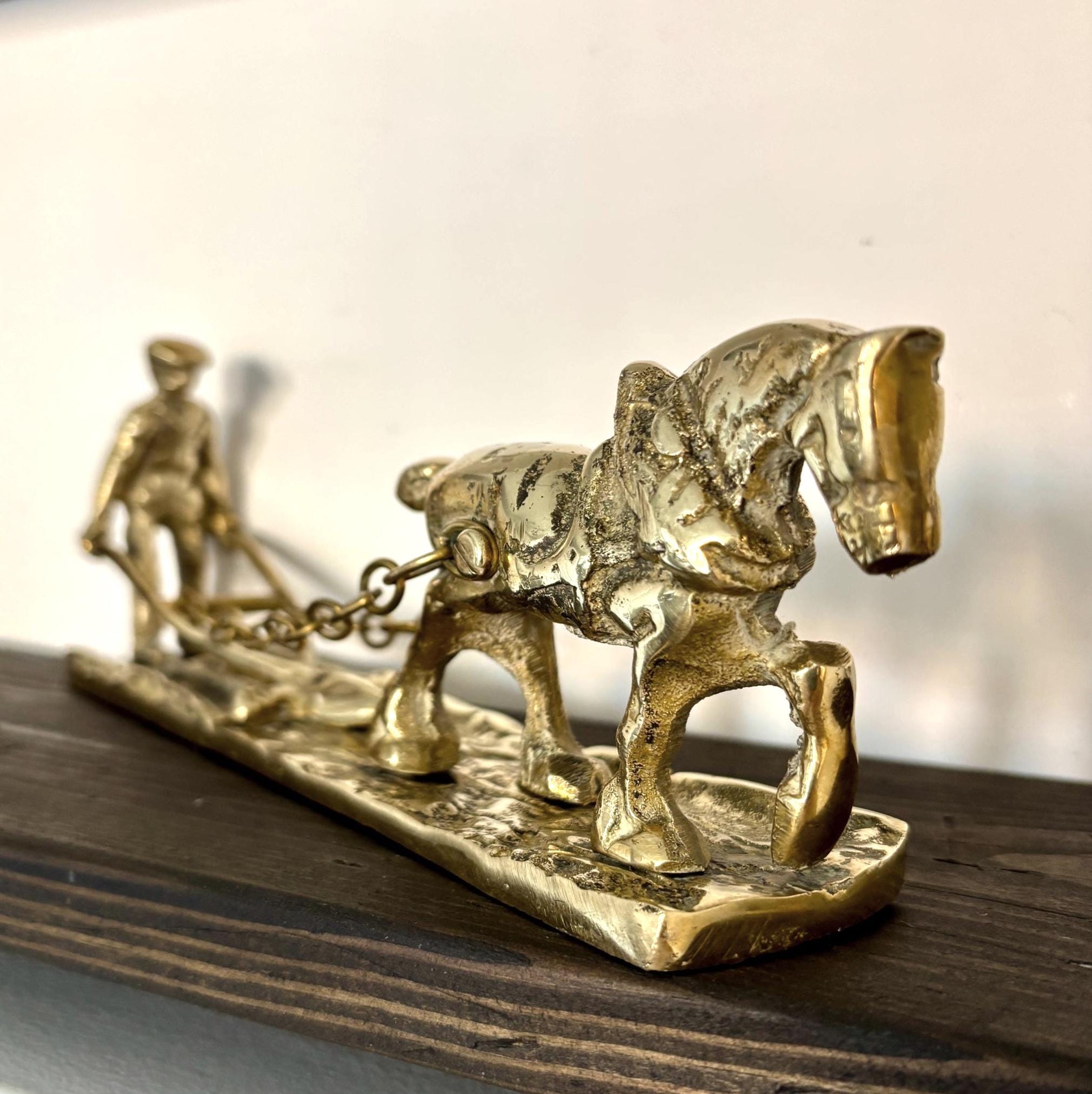 Vintage Solid Brass Horse Plough Sculpture Rustic Farm Decor Country Home Figurine