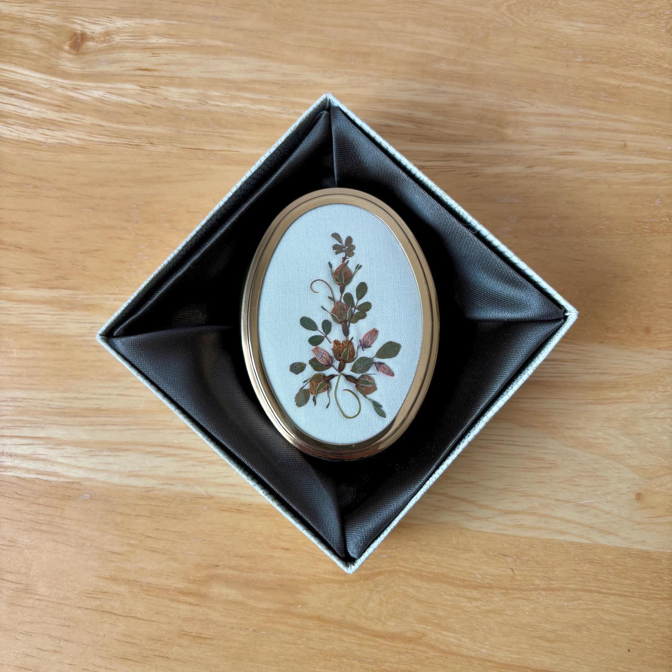 Vintage Ceramic Trinket Box: Pressed Flowers on Silk Lid