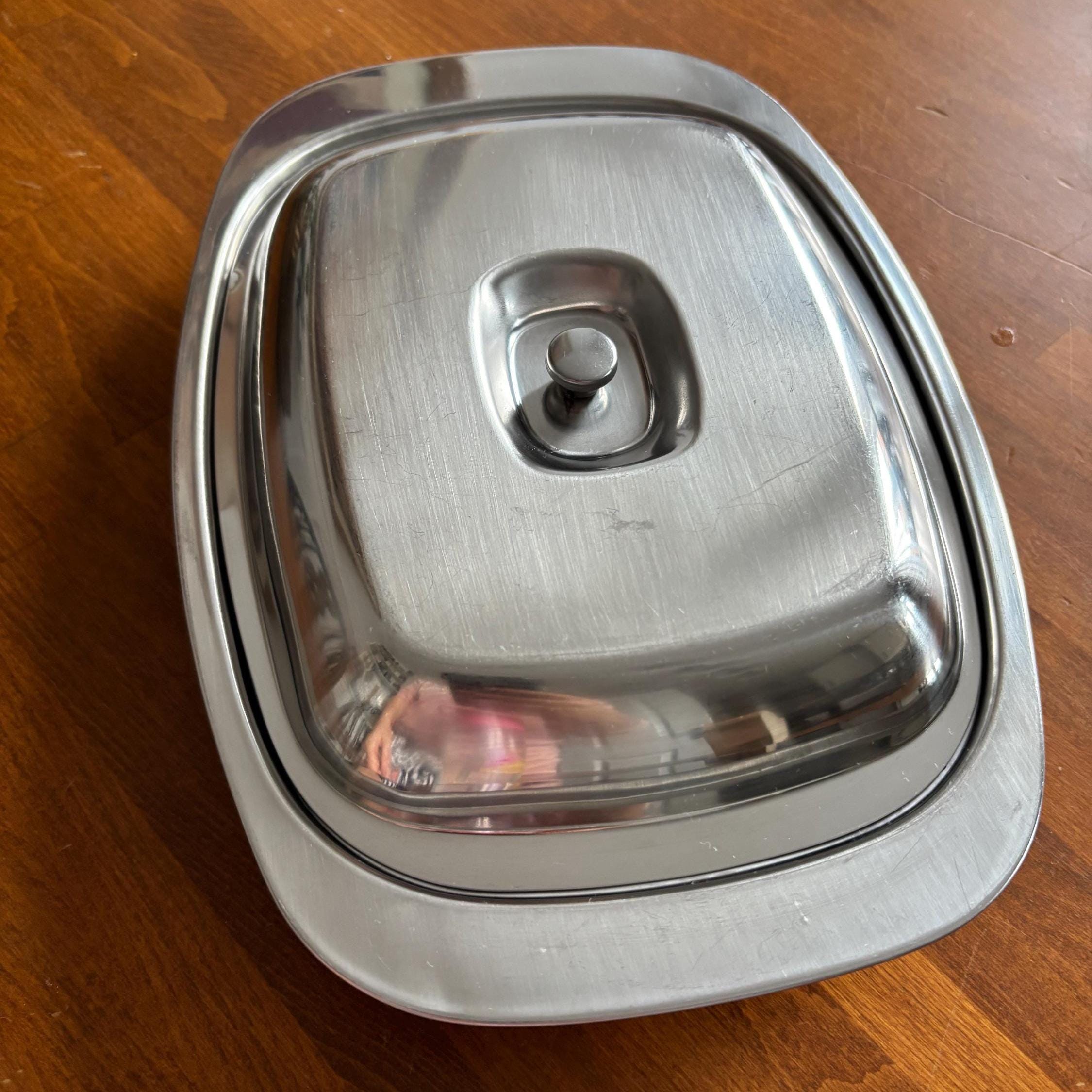 Vintage Stainless Steel Lidded Divided Serving Dish, Hong Kong, 2 Compartment Buffet Server