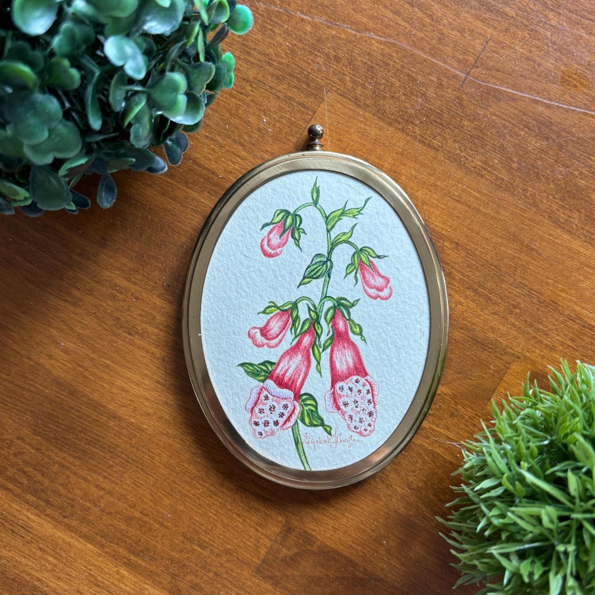 Miniature Foxglove Botanical Watercolour | Signed | Brass Tone Oval Frame