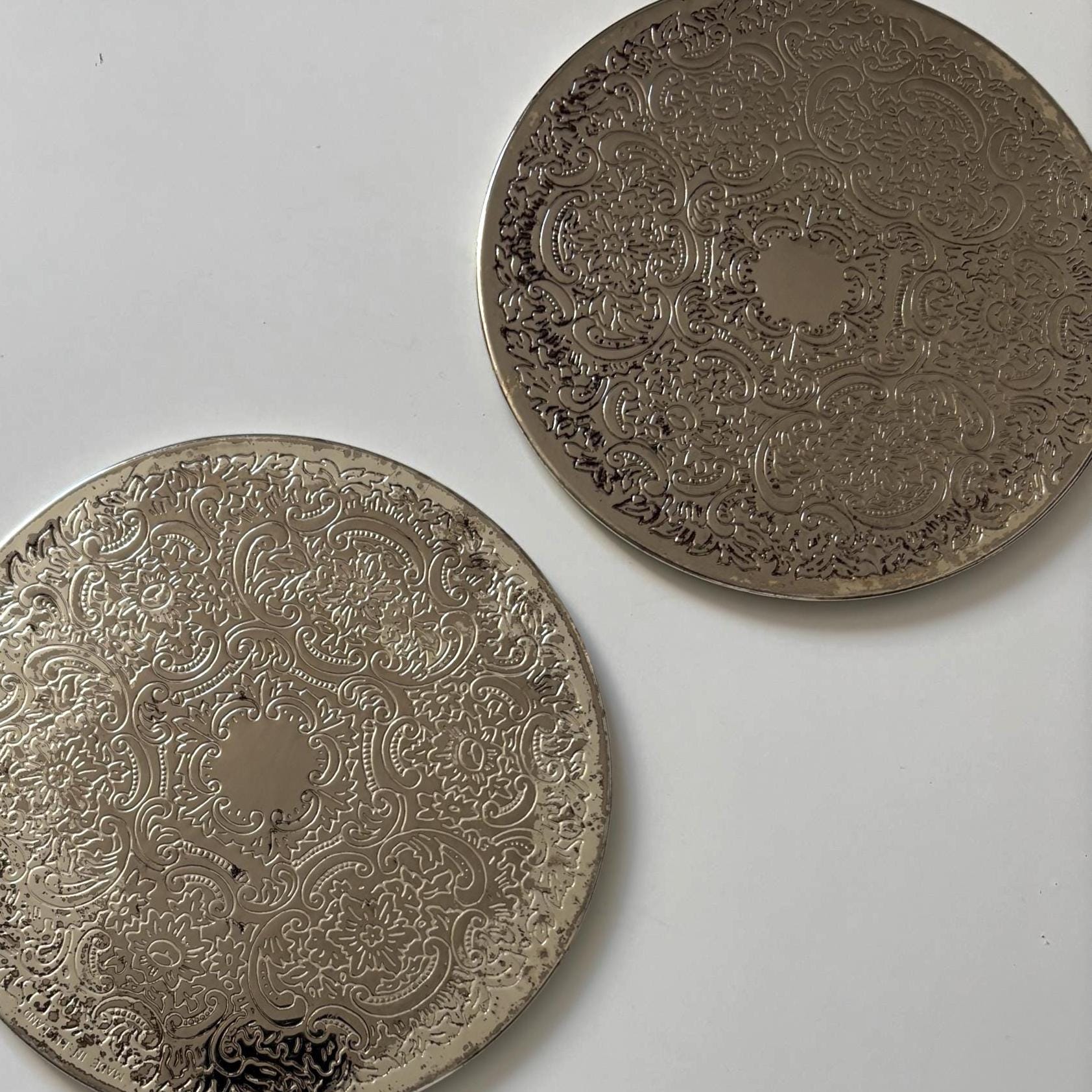 Vintage Silver Plated Decanter Slides | Chased Rococo Barware Coasters
