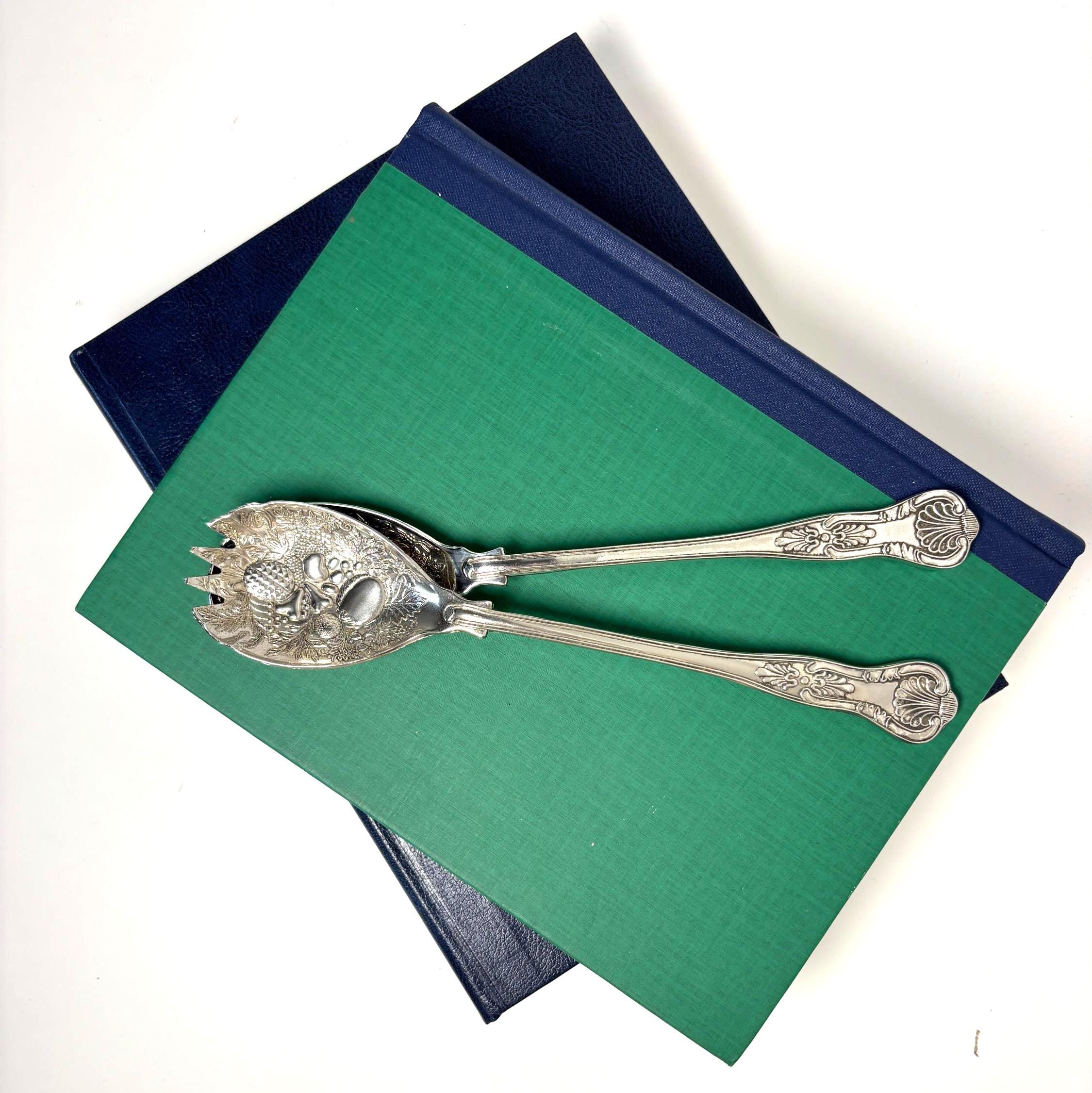 Ornate Vintage Silver Plated Salad Servers Fruit Pattern Victorian Style Serving Spoon Fork Set
