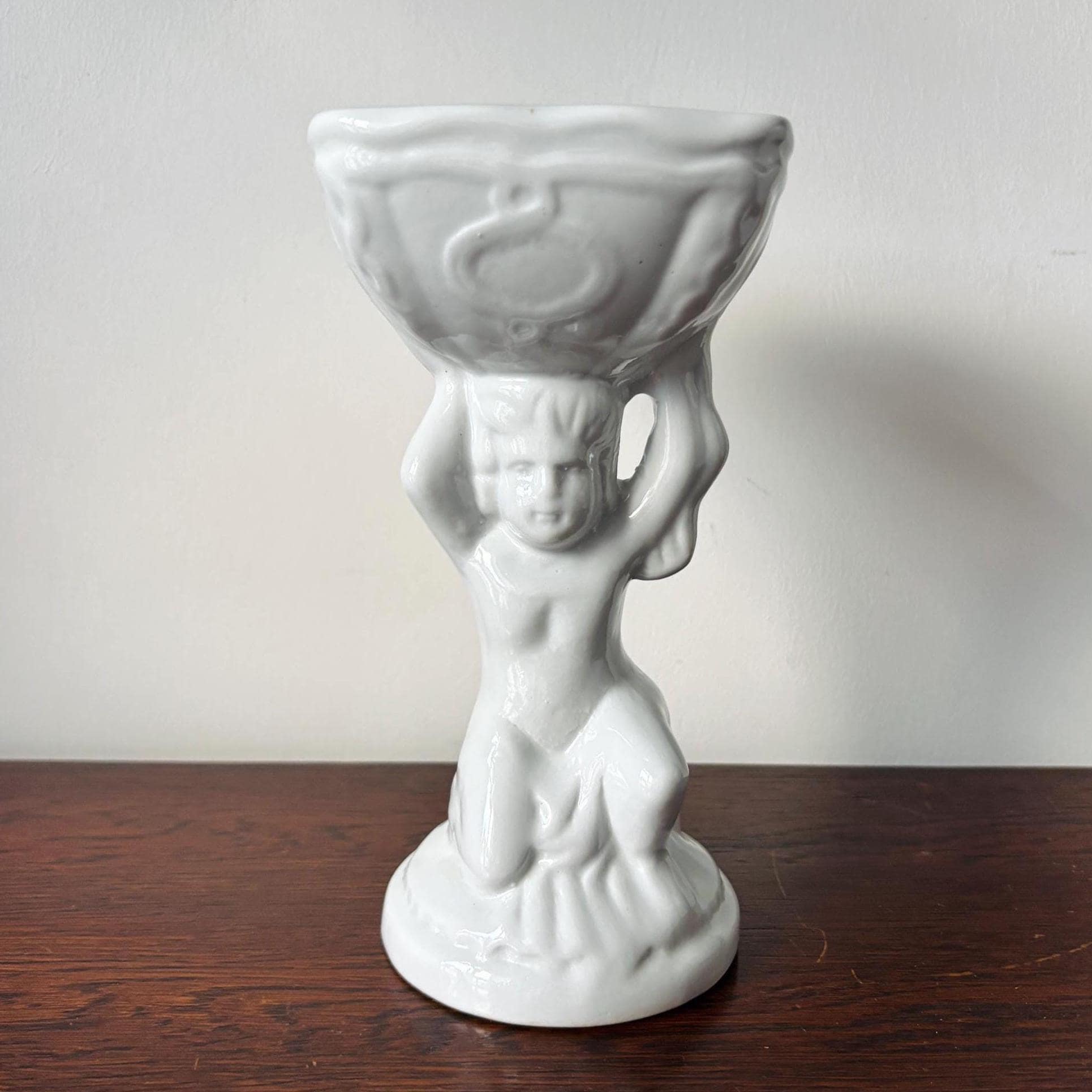 Vintage White Cherub Pedestal Planter Bowl, Putti Column Vase, Neoclassical Hollywood Regency Decor Centerpiece