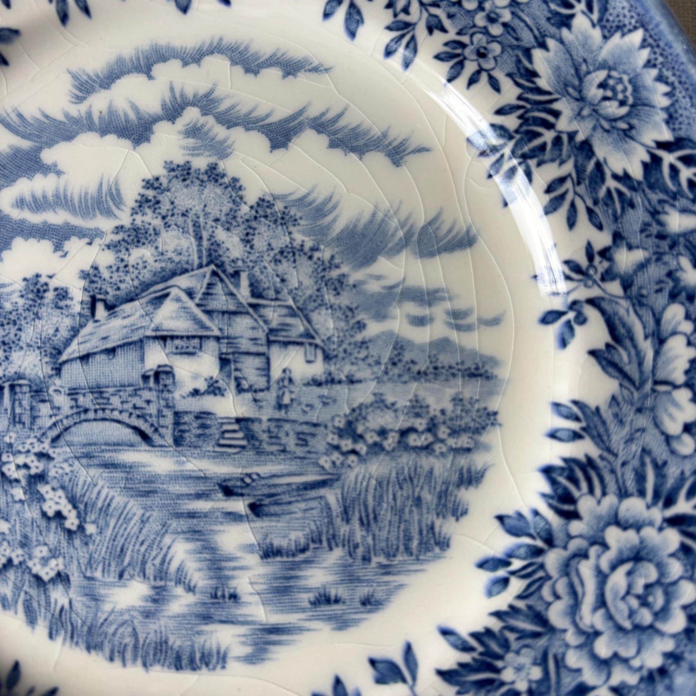 Vintage Colonial Village Tea Plates Set 4 Blue Staffordshire