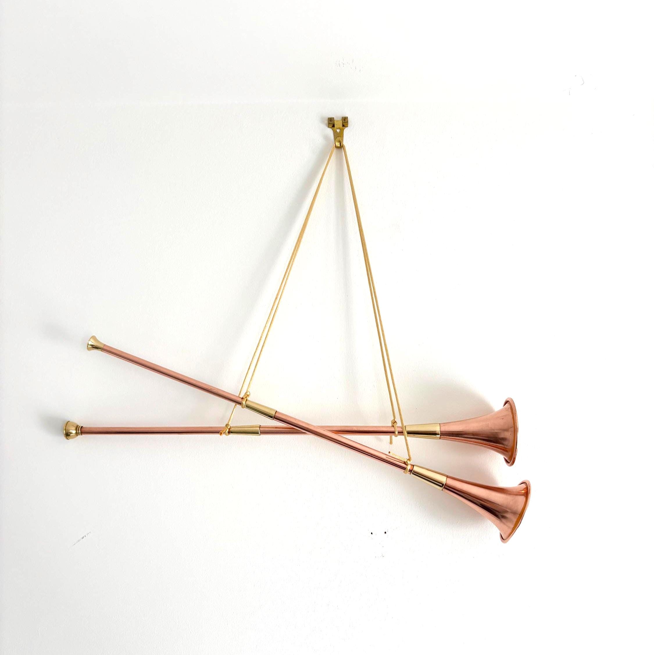 Vintage Copper & Brass Hunting Horn Wall Décor Pair 43cm Scandinavian Style