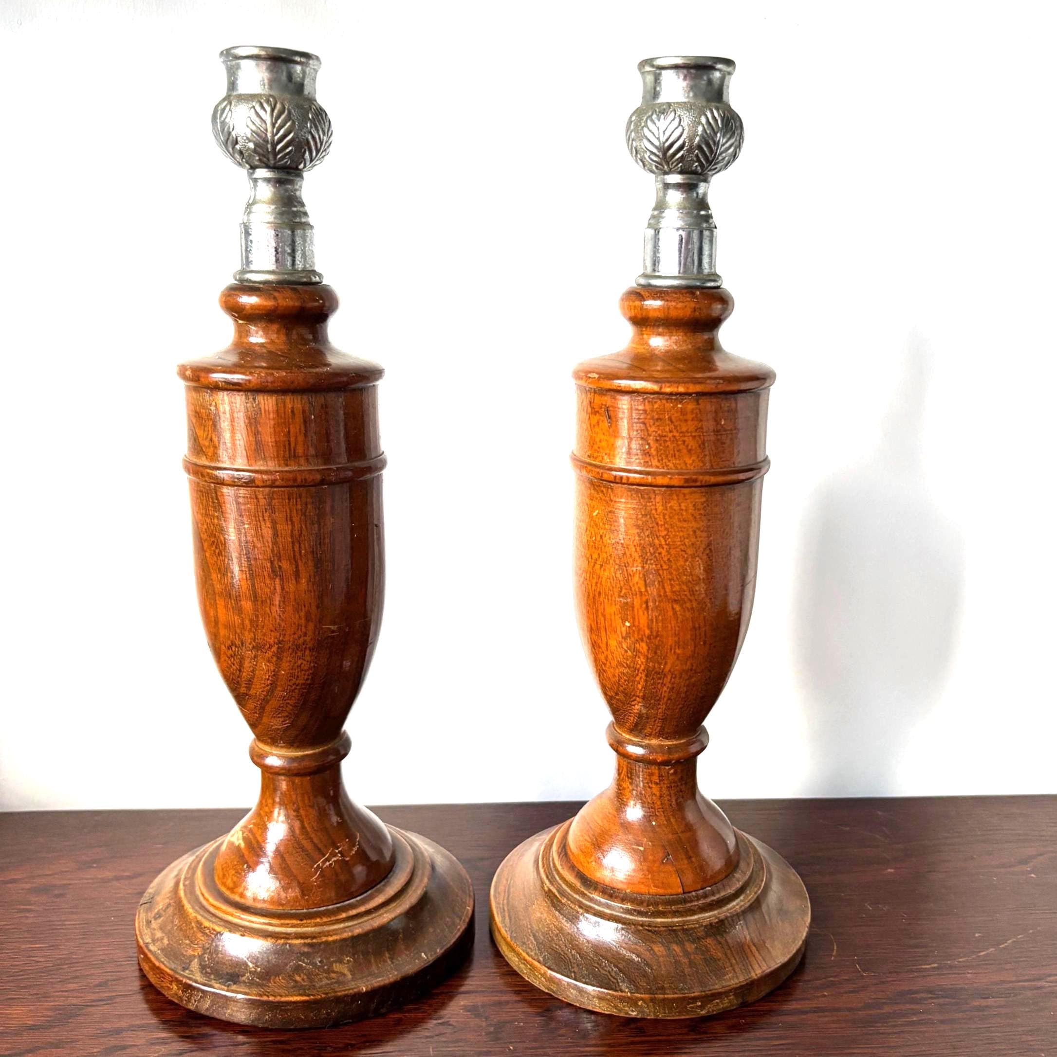Vintage Wooden Candlesticks Pair, Turned Oak Candle Holders, Silver Tone Leaf Cups, Mantel Decor