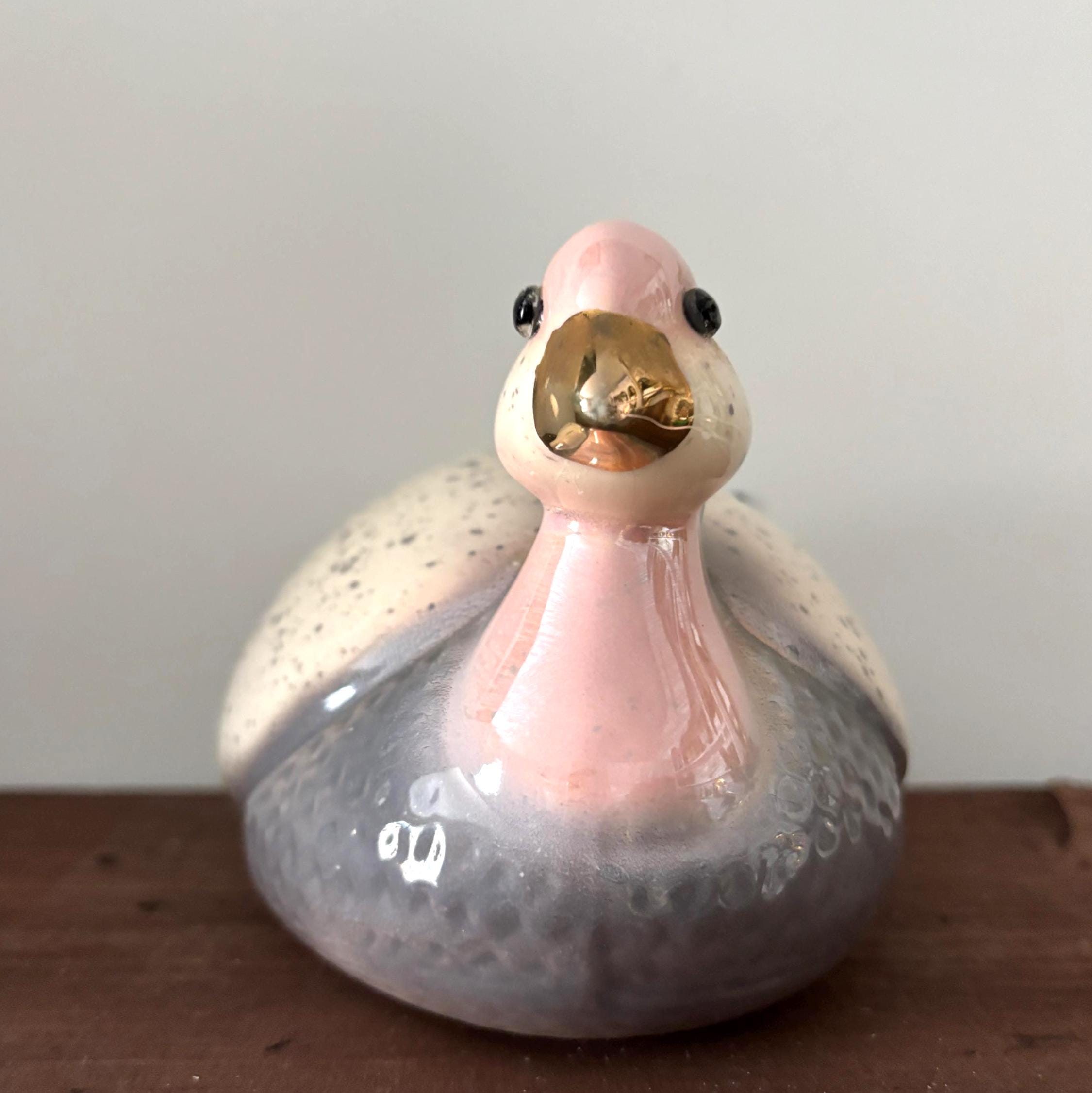 Vintage Ceramic Duck Figurine Glass Eyes Pink Grey Speckled Bird Ornament Large