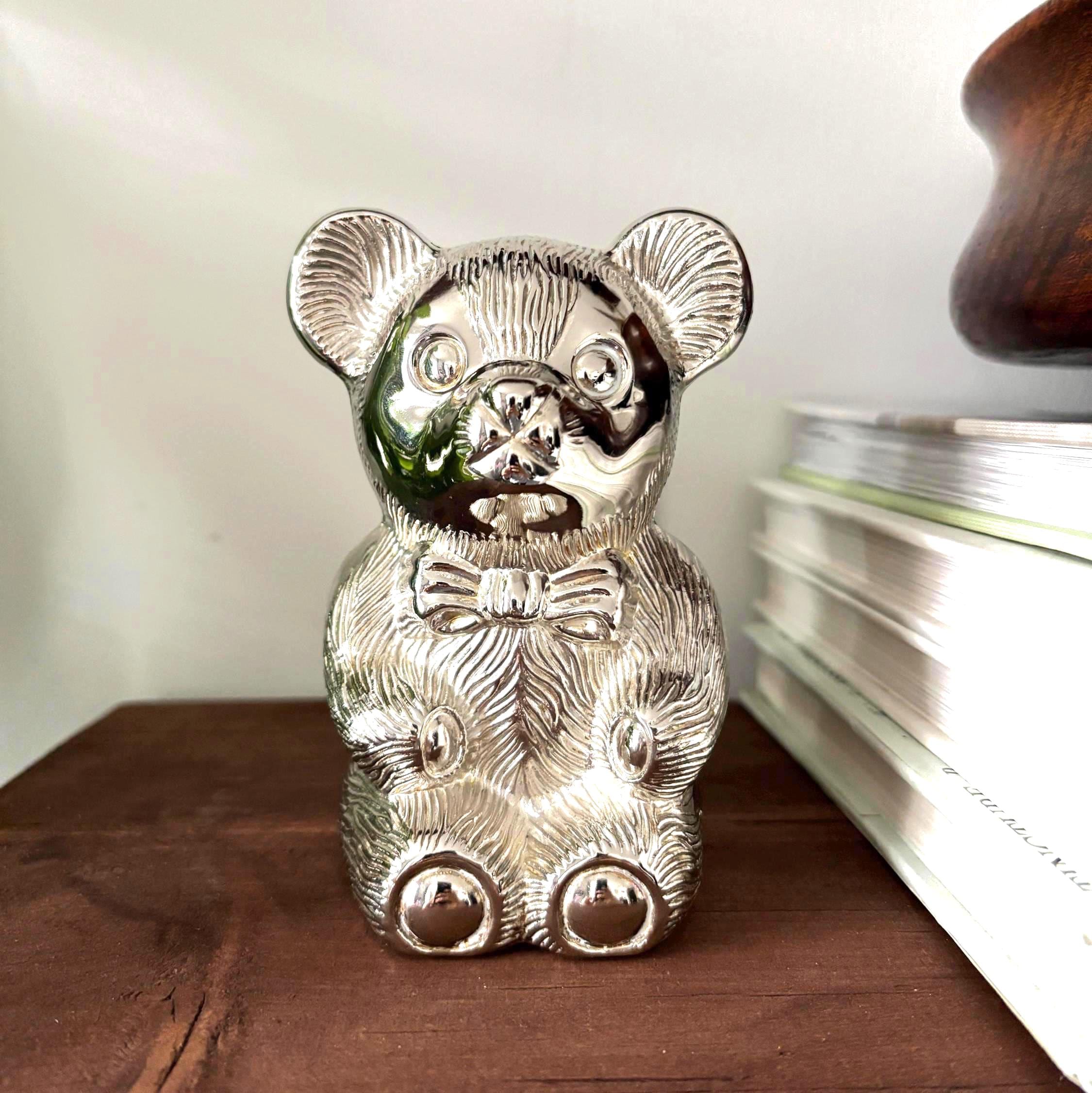 Vintage Silver Plated Teddy Bear Money Box Coin Bank Nursery Decor Baby Gift Keepsake