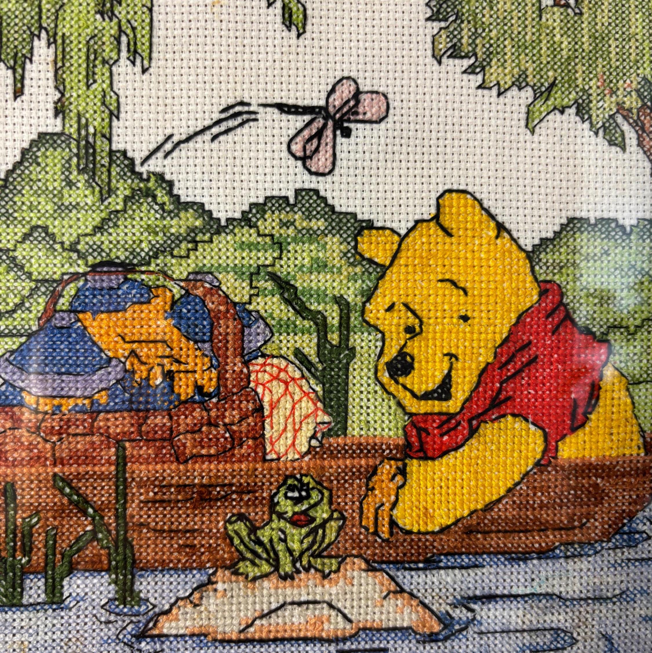 Vintage Framed Winnie the Pooh Cross Stitch Embroidery Nursery Wall Art Piglet Boat Scene