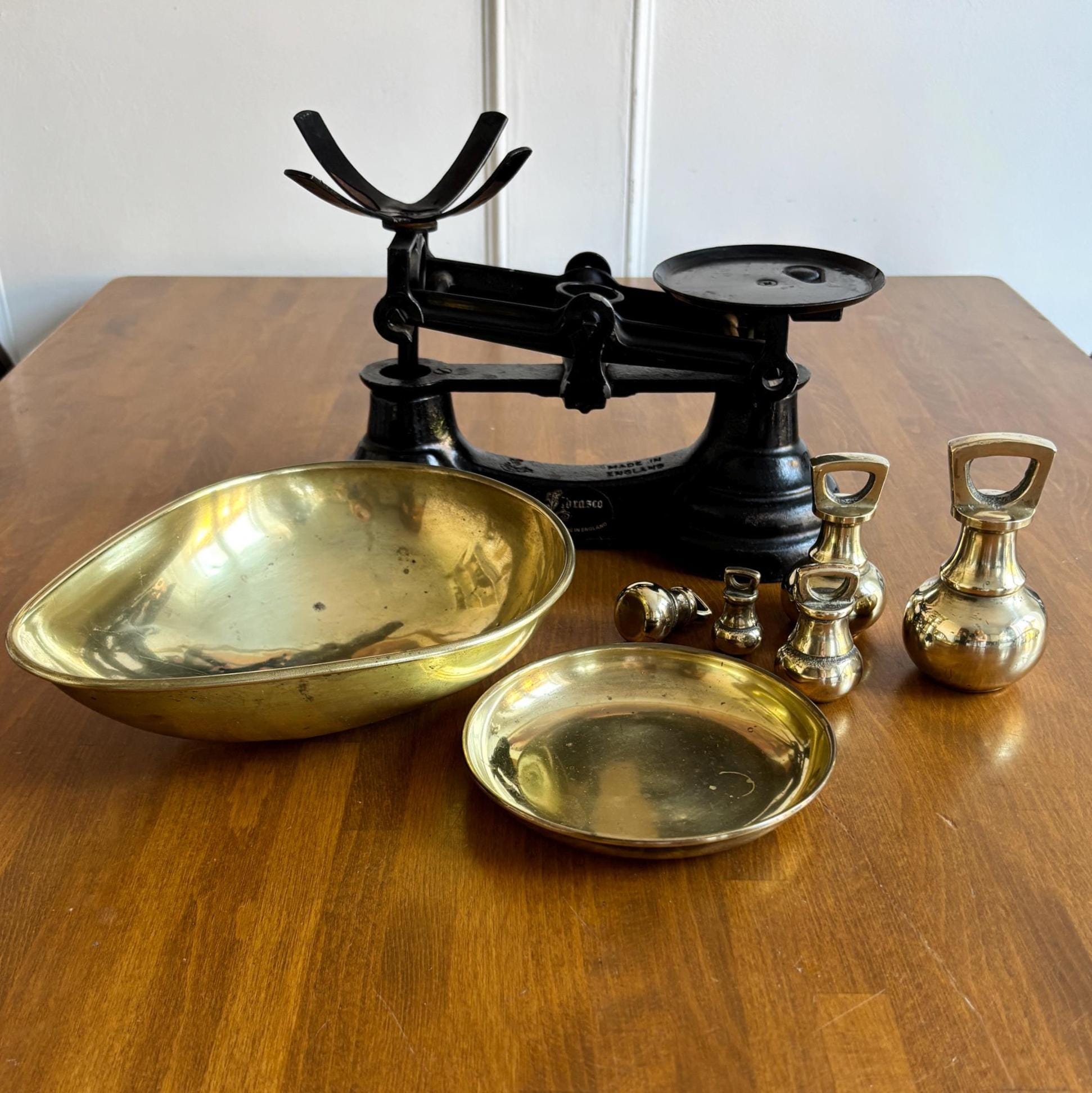 Vintage Librasco Brass Kitchen Scales With Original Weights English Farmhouse Kitchenalia Decor