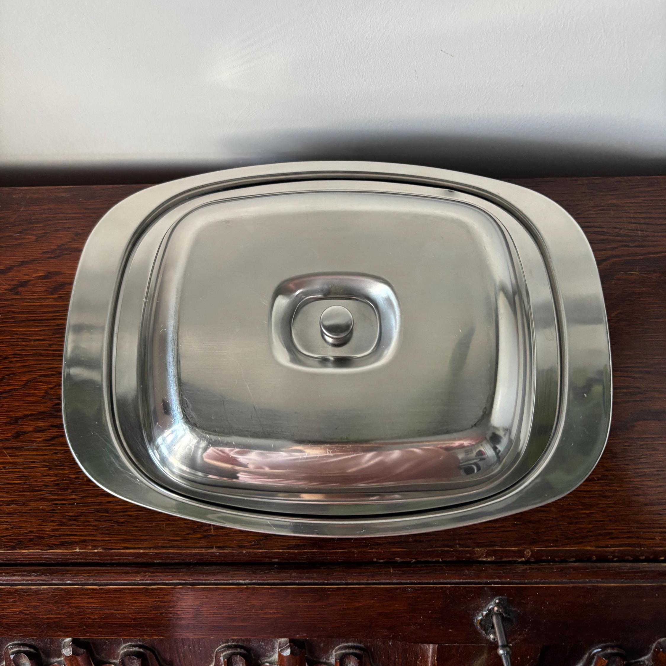 Vintage Stainless Steel Lidded Divided Serving Dish, Hong Kong, 2 Compartment Buffet Server