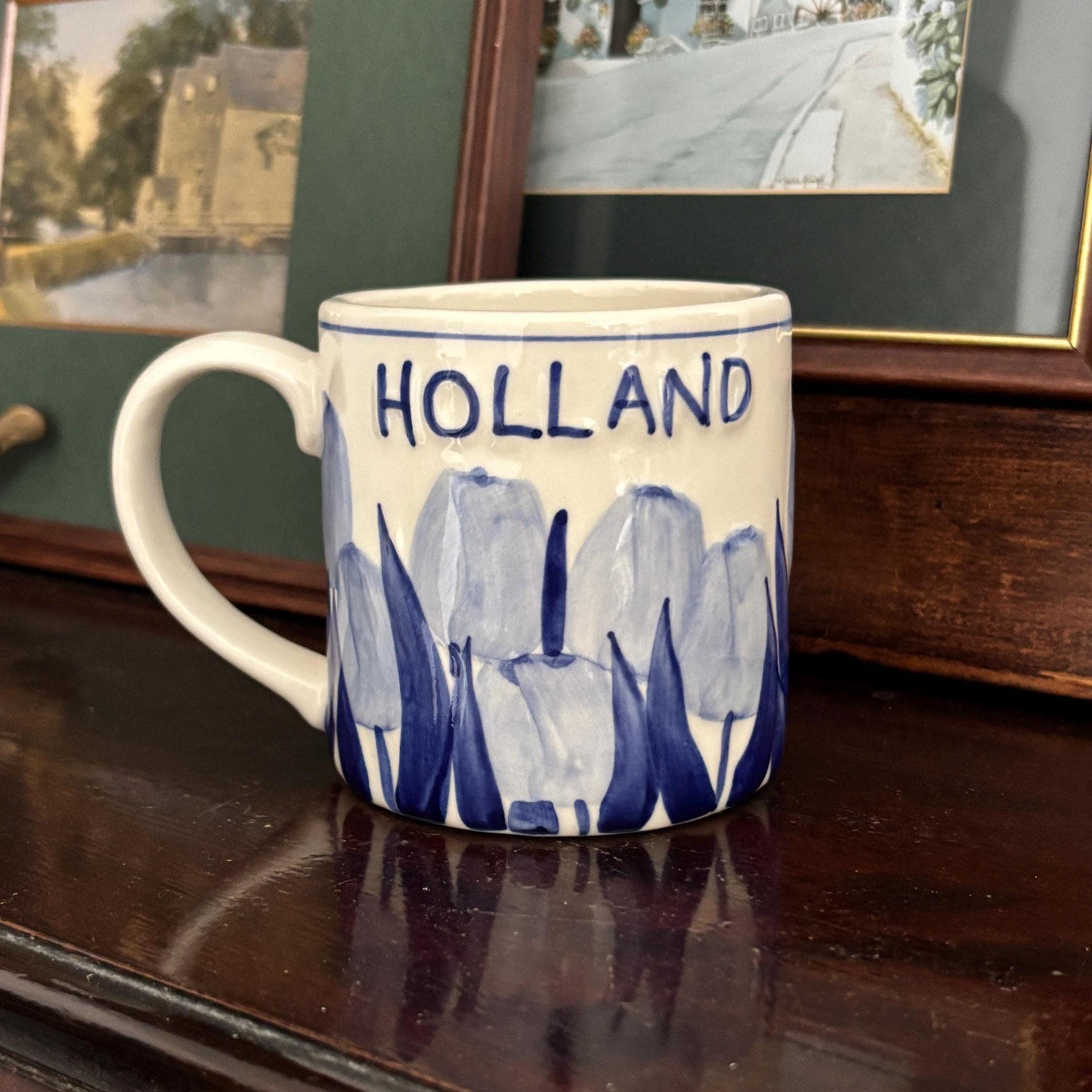 Vintage Holland Delft Style Tulip Mug Blue White Hand Painted Dutch Ceramic Cup