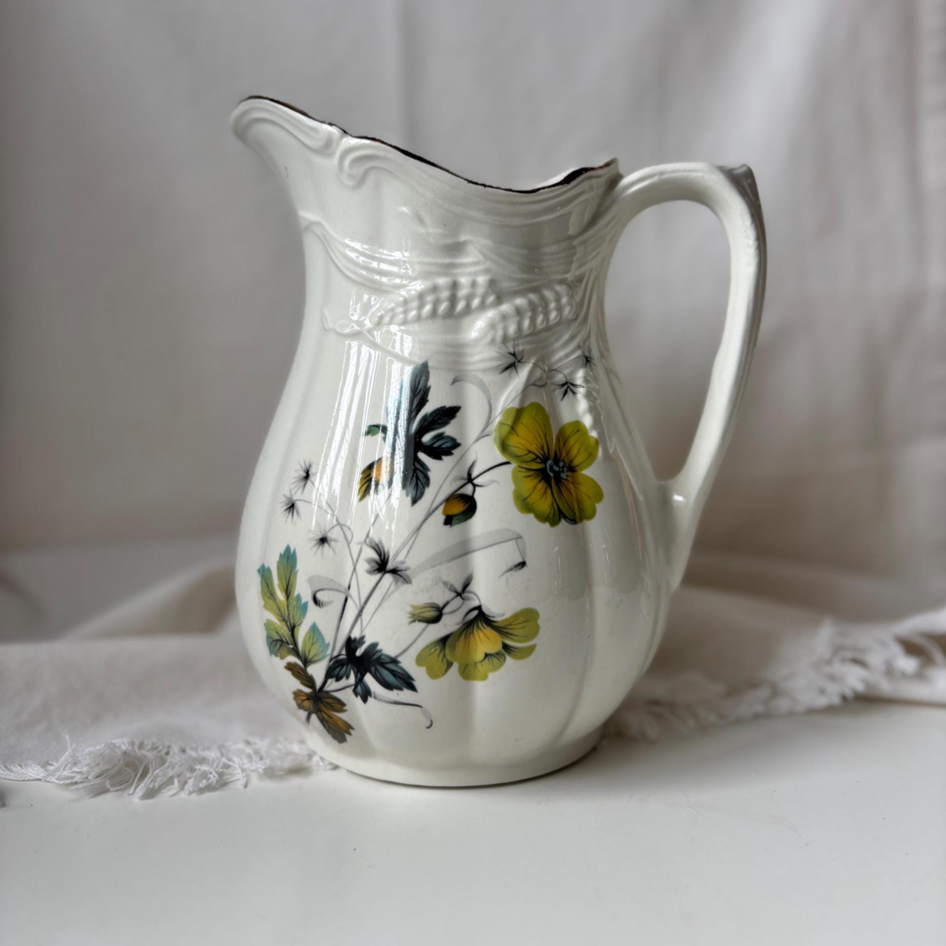 Vintage Royal Crownford Ironstone Pitcher: Yellow Floral & Wheat Design