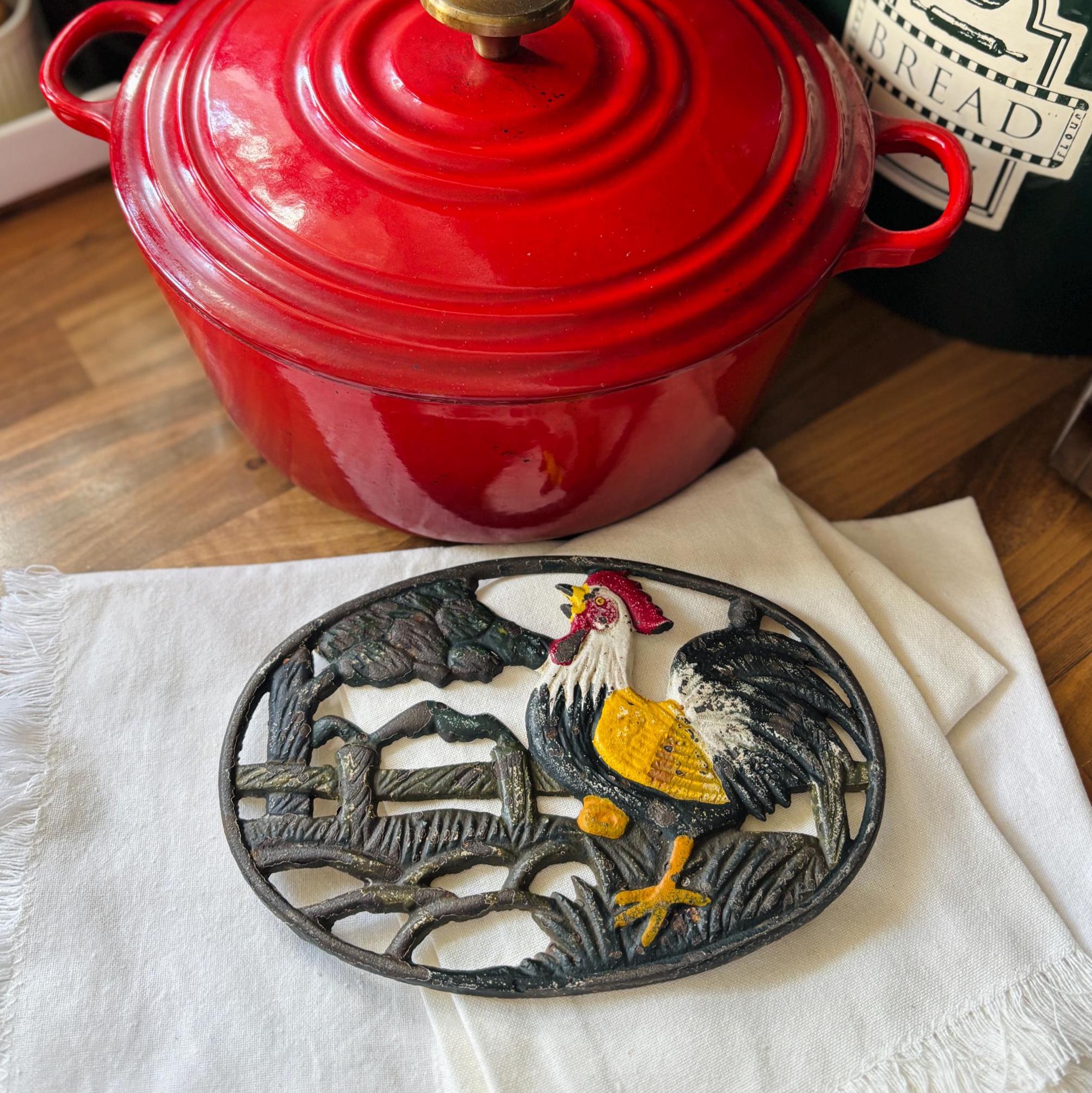 Vintage Cast Iron Rooster Trivet Farmhouse Kitchen Decor Rustic Pan Stand Country Style