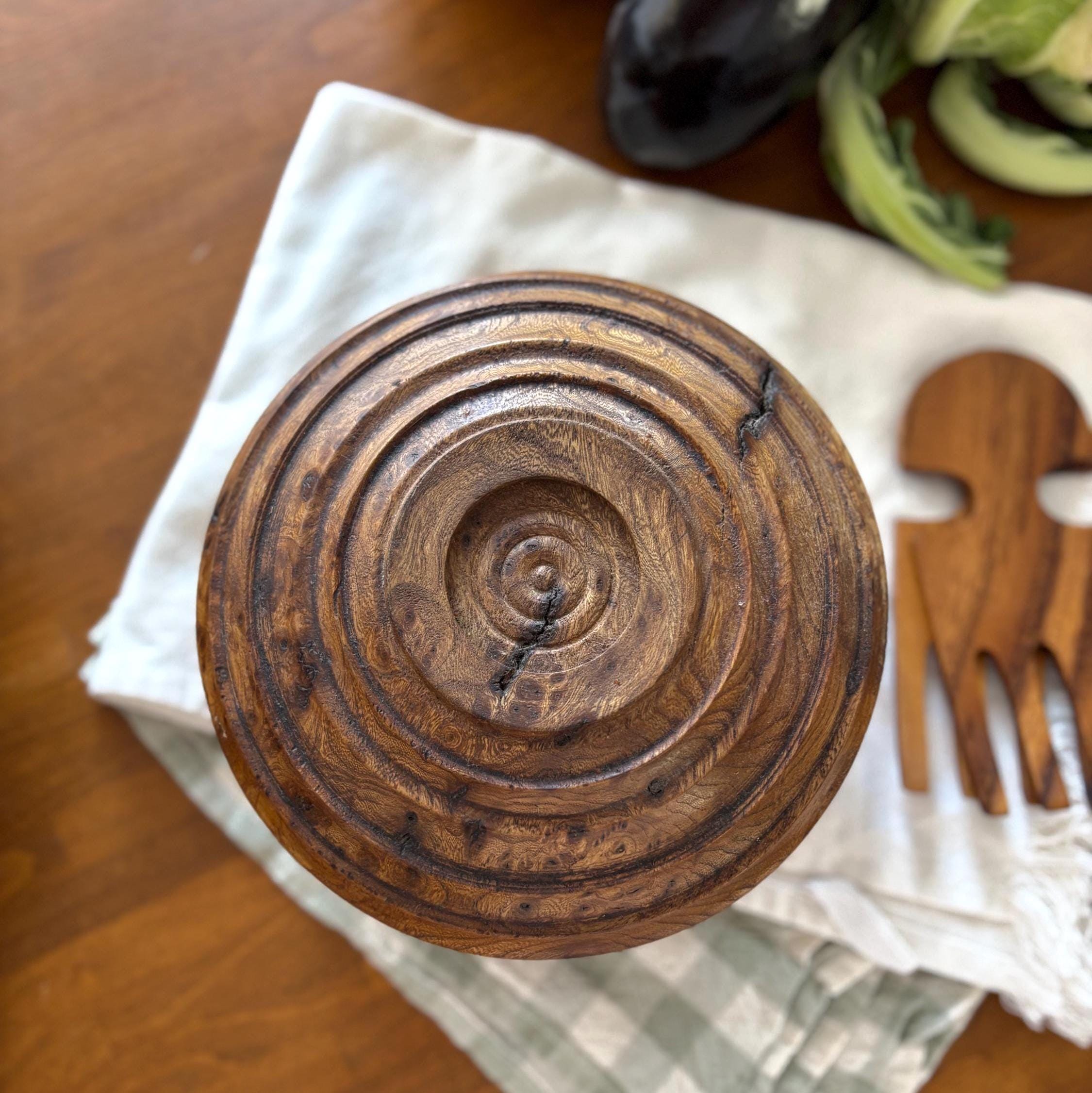 Vintage Burl Wood Salad Bowl Set Wooden Servers Rustic Farmhouse Kitchen Decor