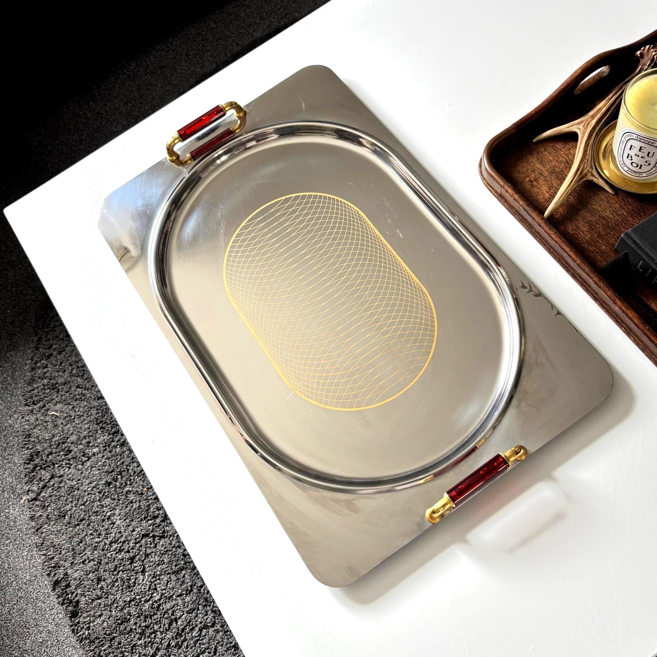 Large Vintage Giorinox Sonia Serving Tray 53cm Stainless Steel Italian Barware