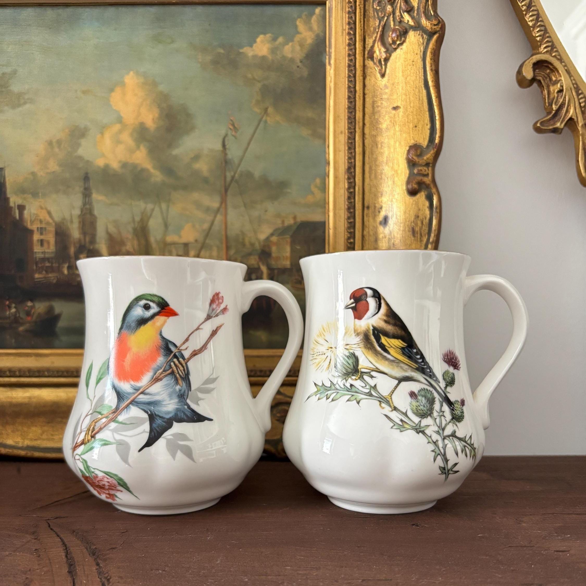 Vintage Bone China Bird Mugs Pair England Goldfinch Robin Tea Coffee Cups