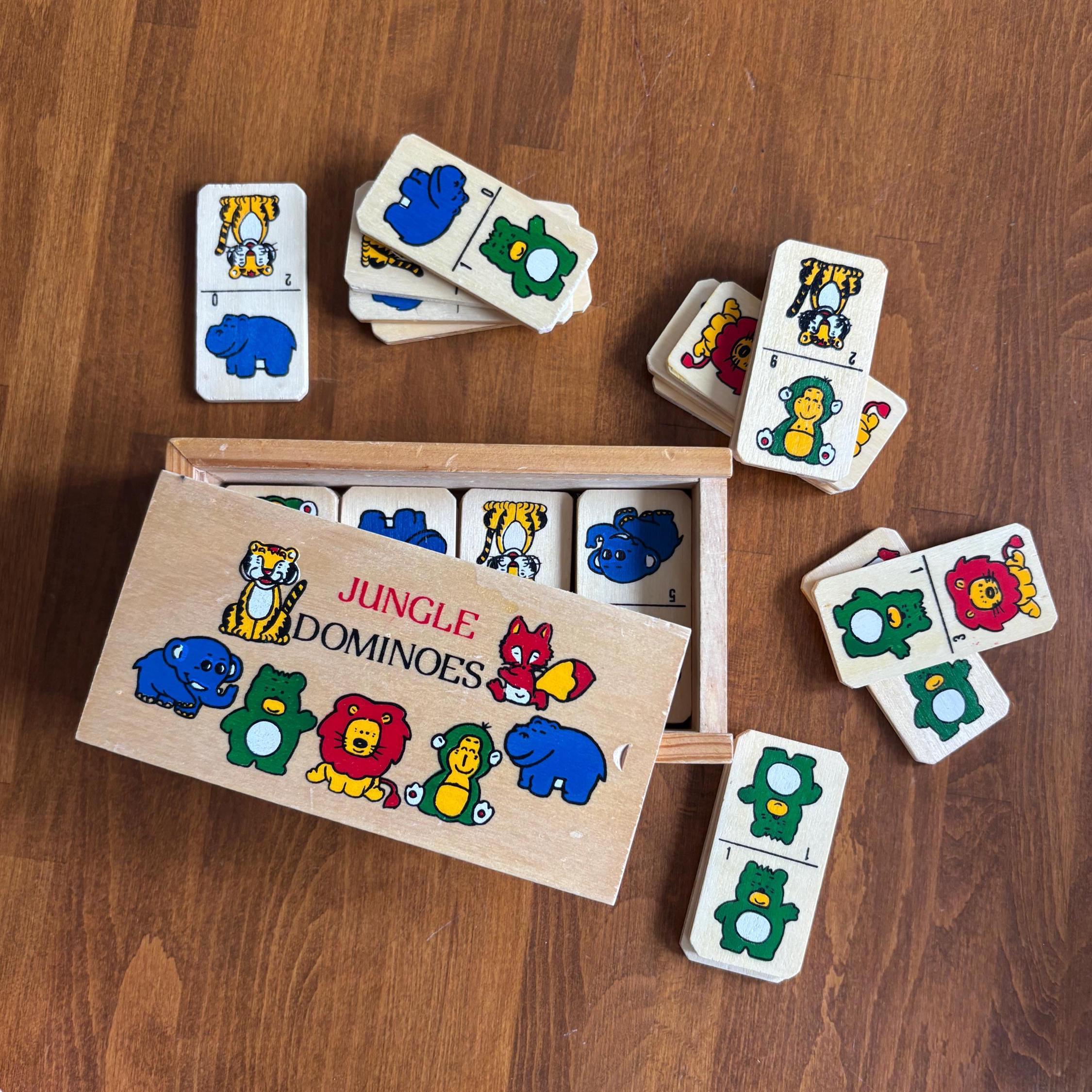 Vintage Wooden Jungle Dominoes Game | Animal Picture Dominoes in Sliding Box | Children’s Toy