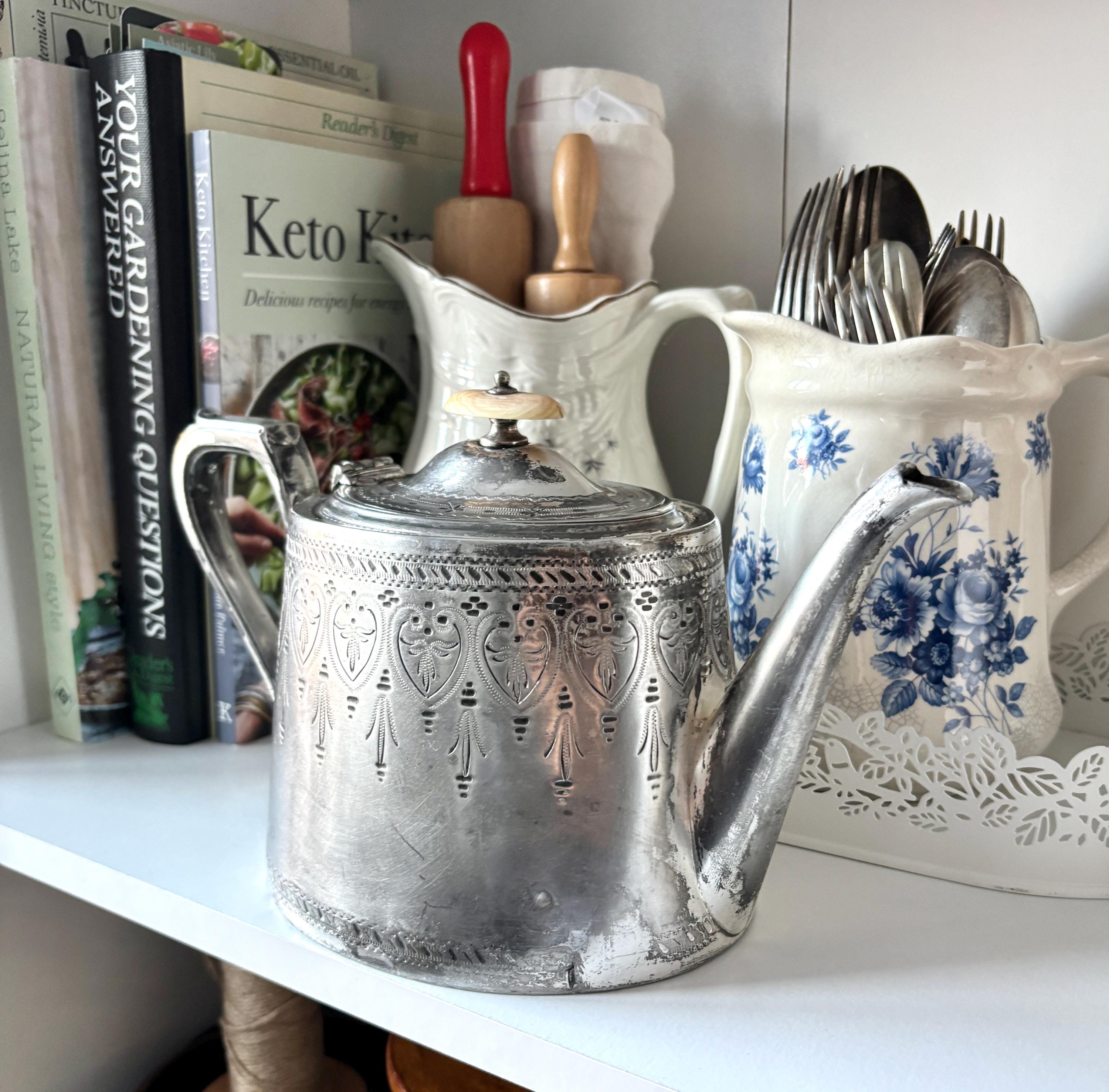Vintage Silver Plated Teapot: Victorian Engraved Design, Bone Finial