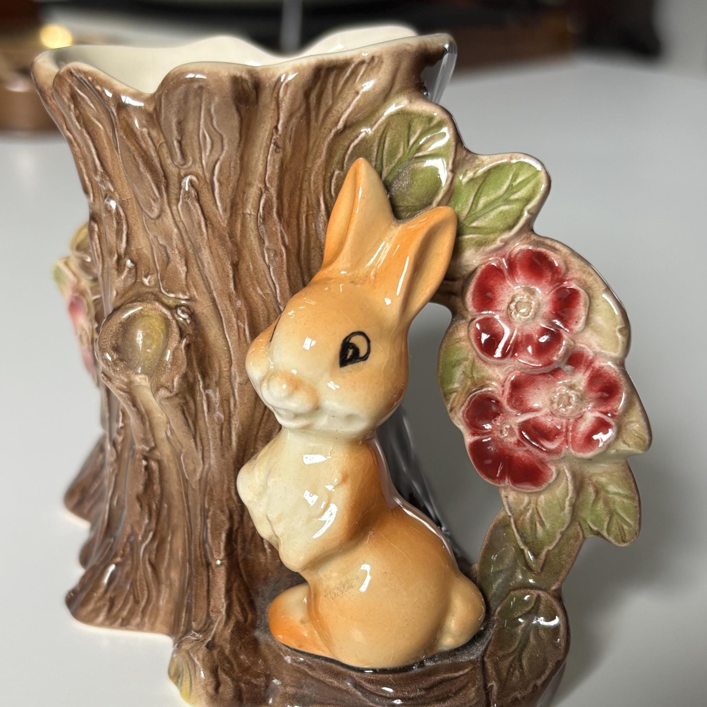 Vintage Hornsea Pottery Fauna Woodland Rabbit Vase Planter – Bunny Tree Stump Posy Holder