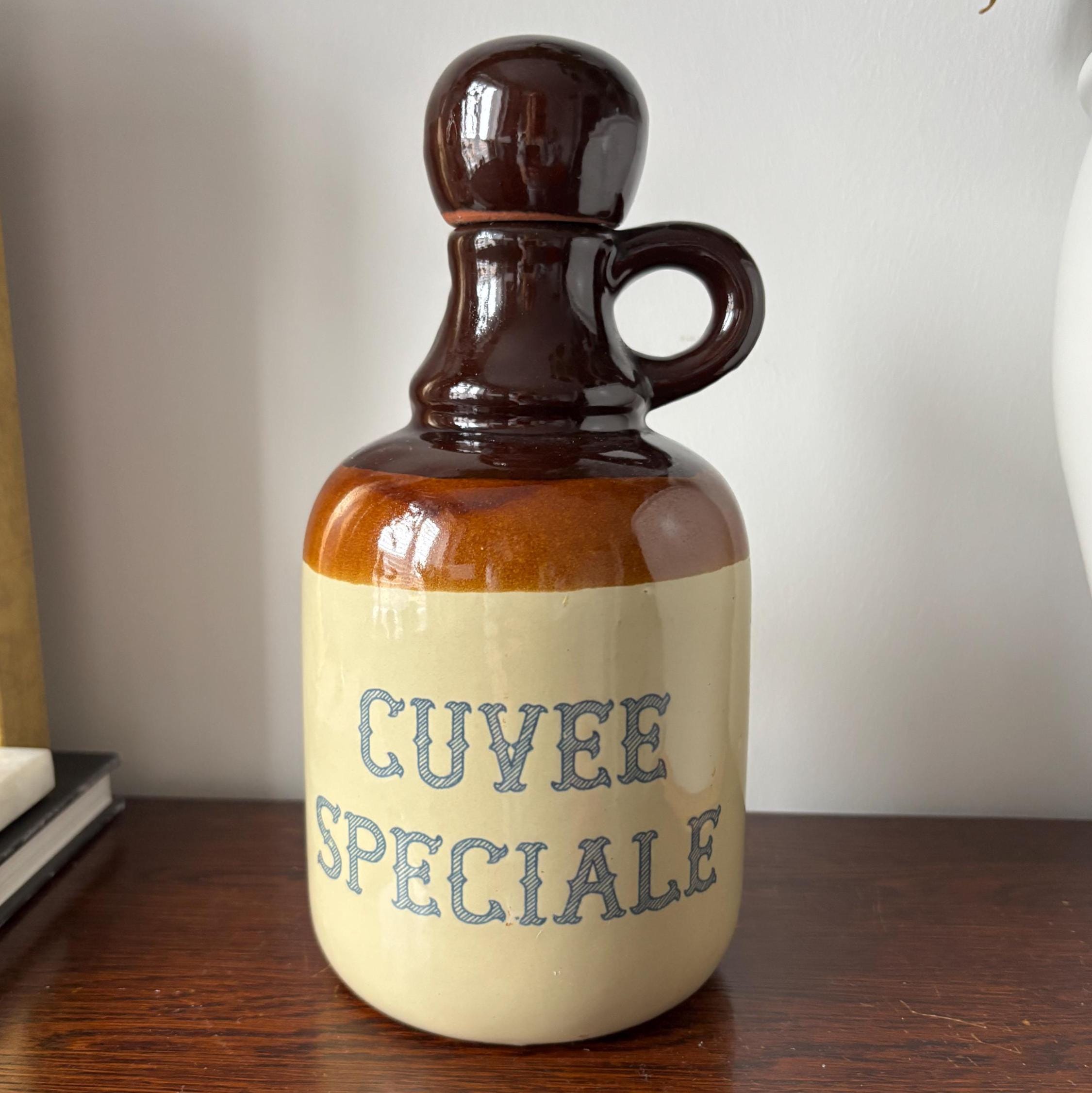 Vintage French Stoneware “Cuvée Spéciale” Bottle Decanter with Cork Stopper, Two-Tone Glaze