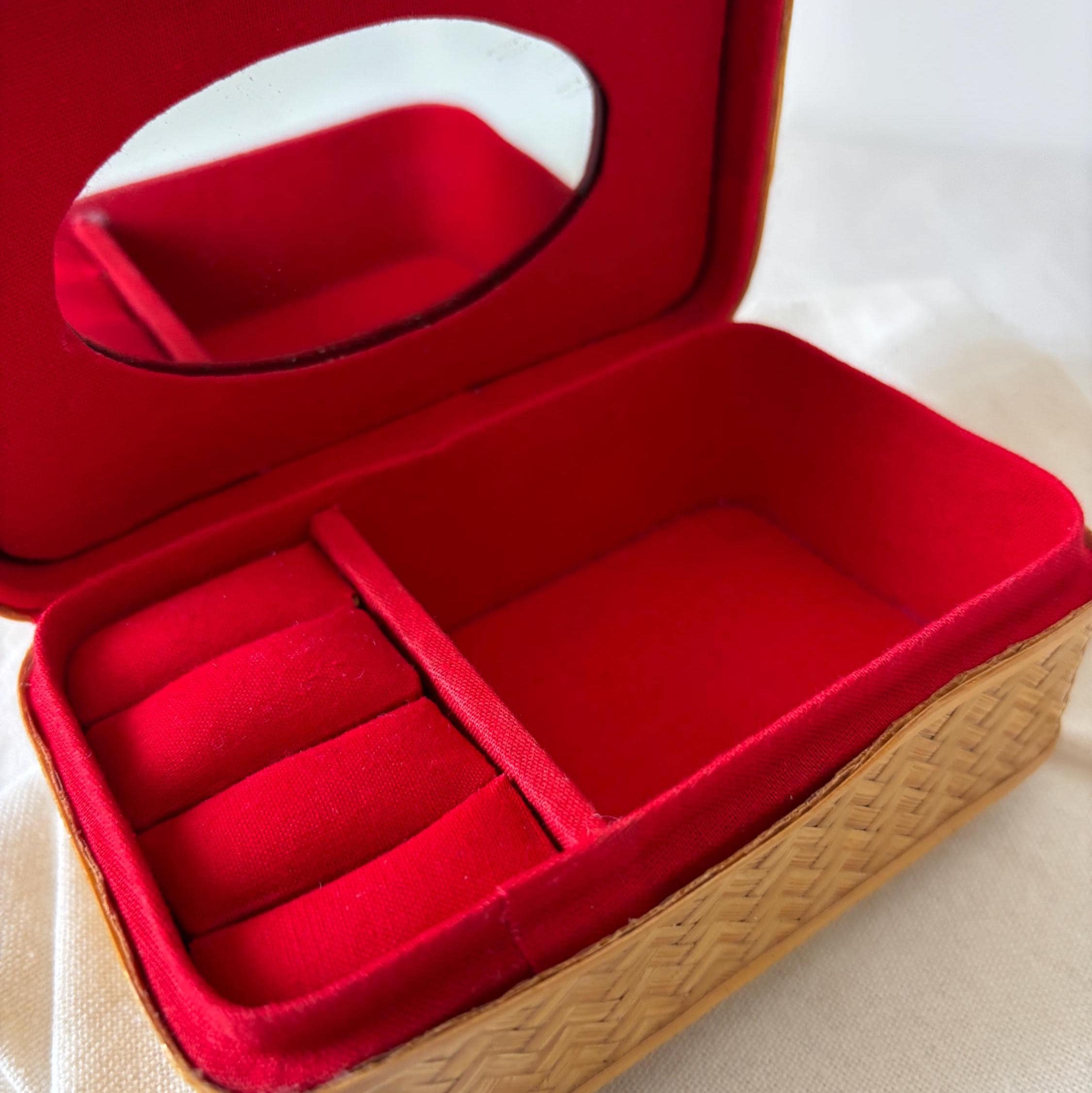 Vintage Chinese Bamboo Jewellery Box Red Velvet Interior Trinket Box With Mirror