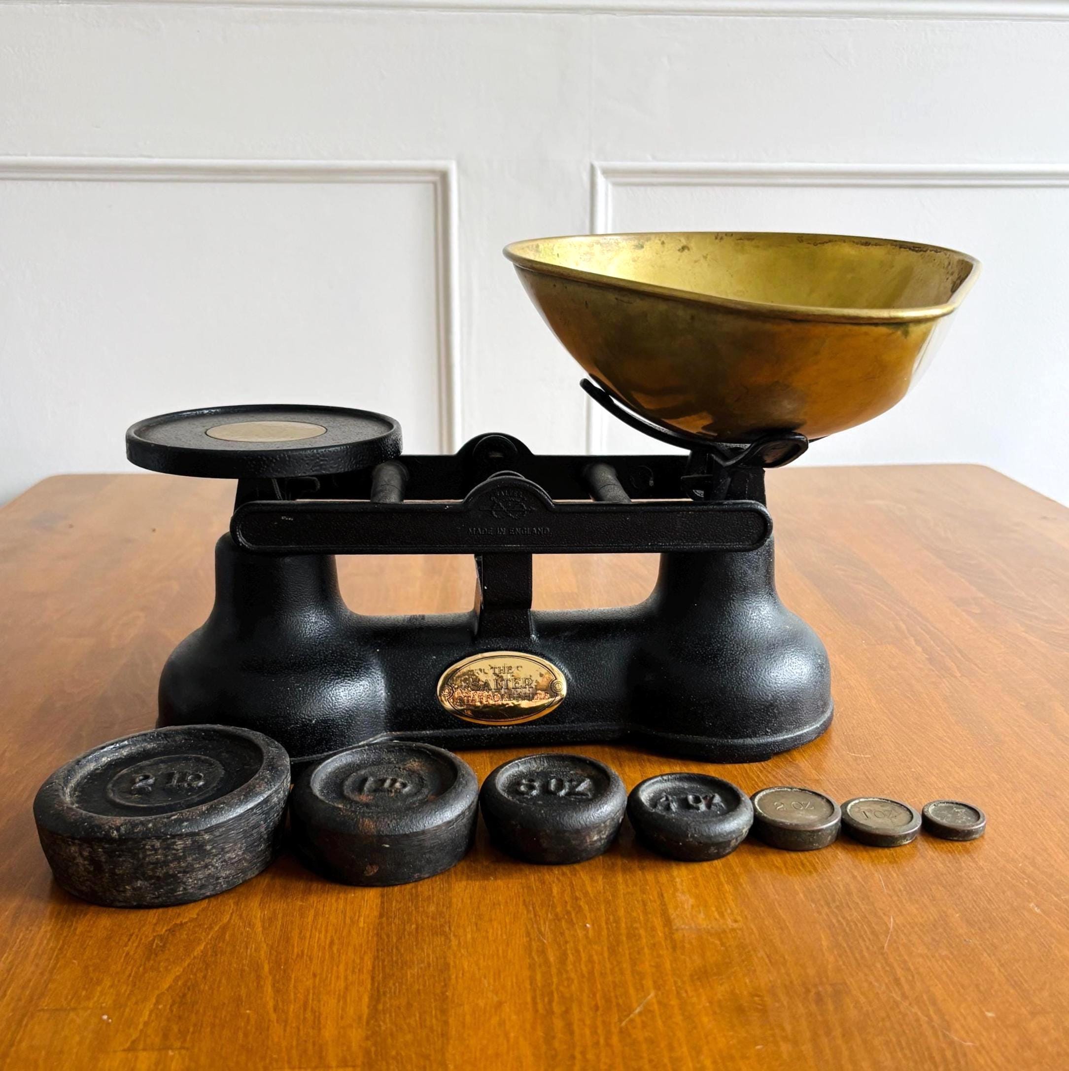 Vintage Salter Staffordshire Kitchen Scales with Brass Bowl & Weights
