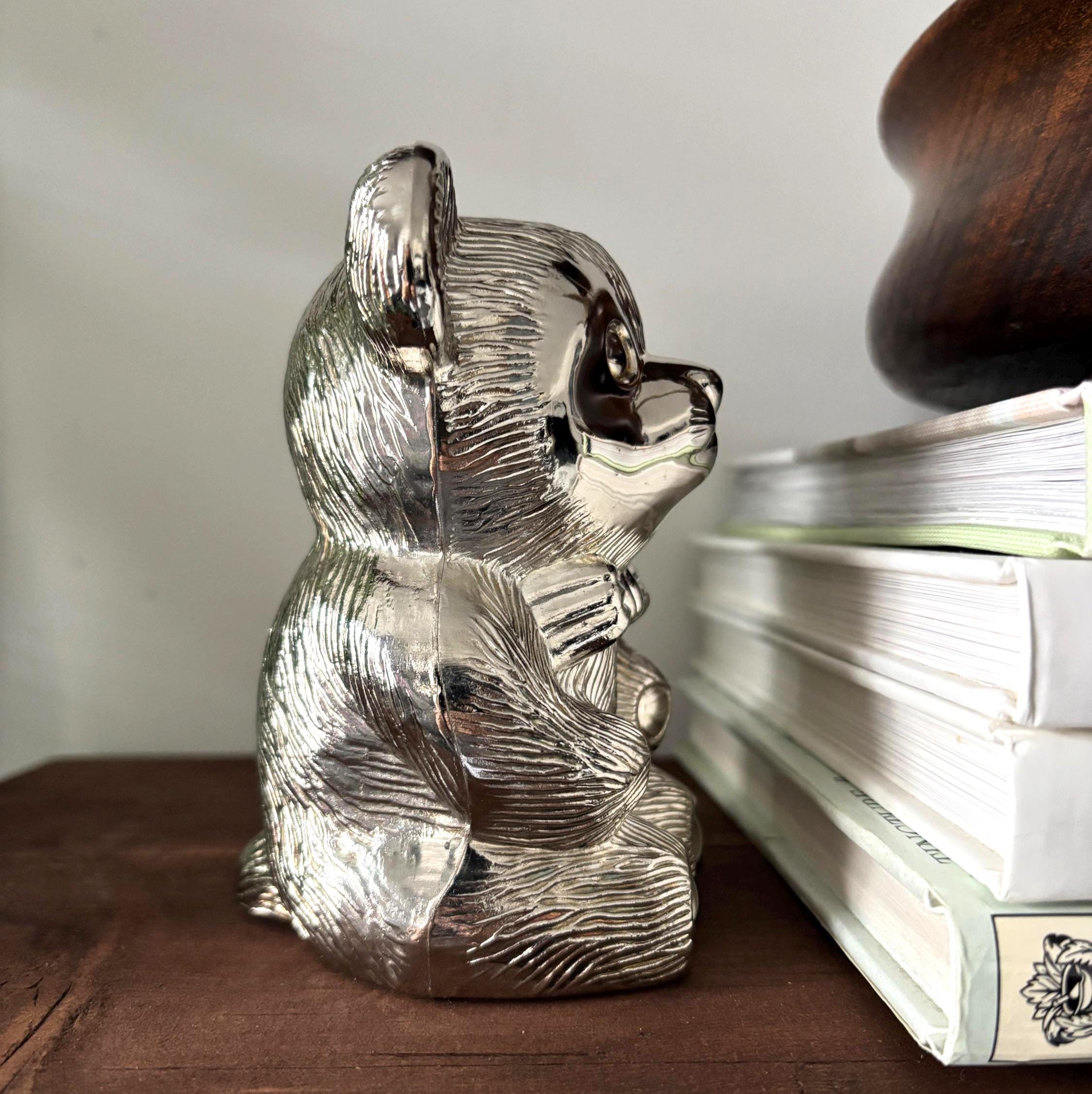 Vintage Silver Plated Teddy Bear Money Box Coin Bank Nursery Decor Baby Gift Keepsake