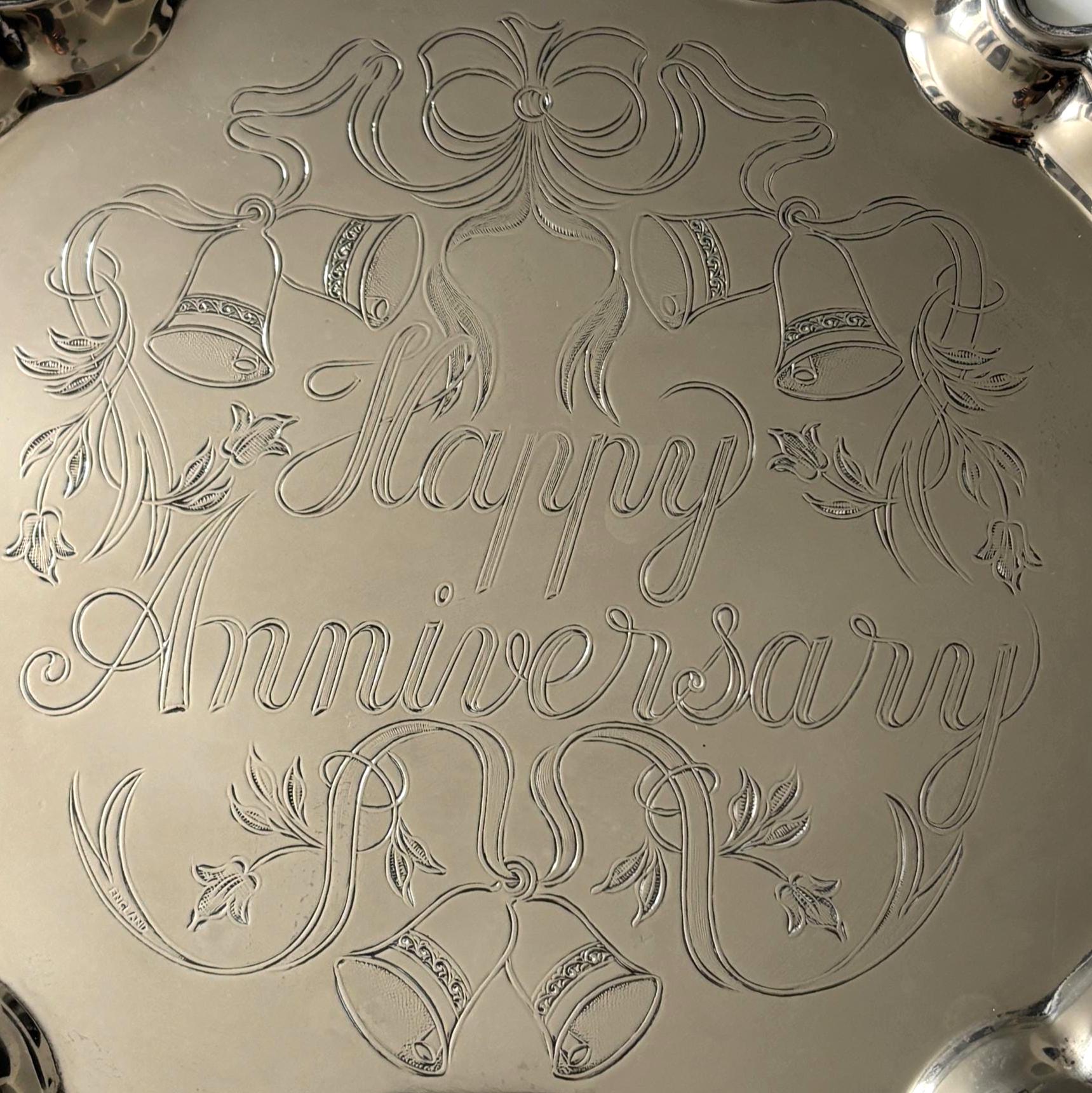 Vintage Cavalier Silver Plated Happy Anniversary Tray – Made in England – Decorative Wedding Bells Tray