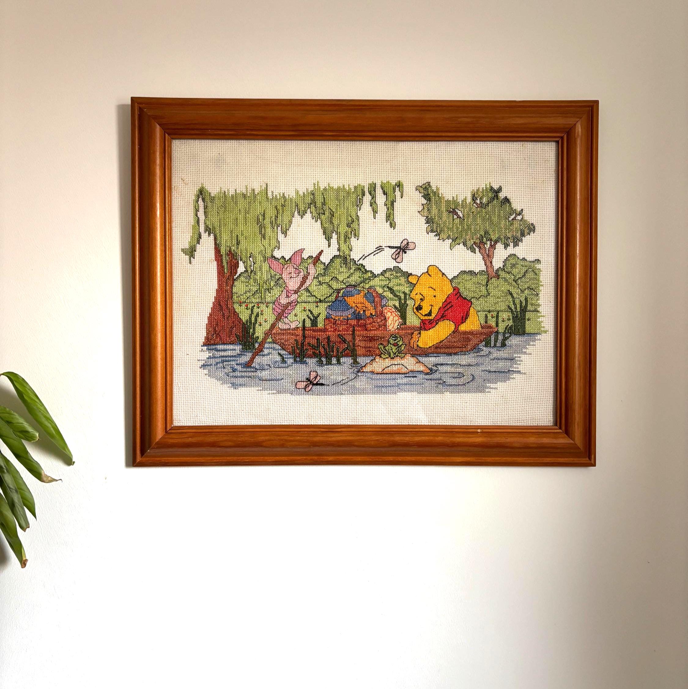 Vintage Framed Winnie the Pooh Cross Stitch Embroidery Nursery Wall Art Piglet Boat Scene