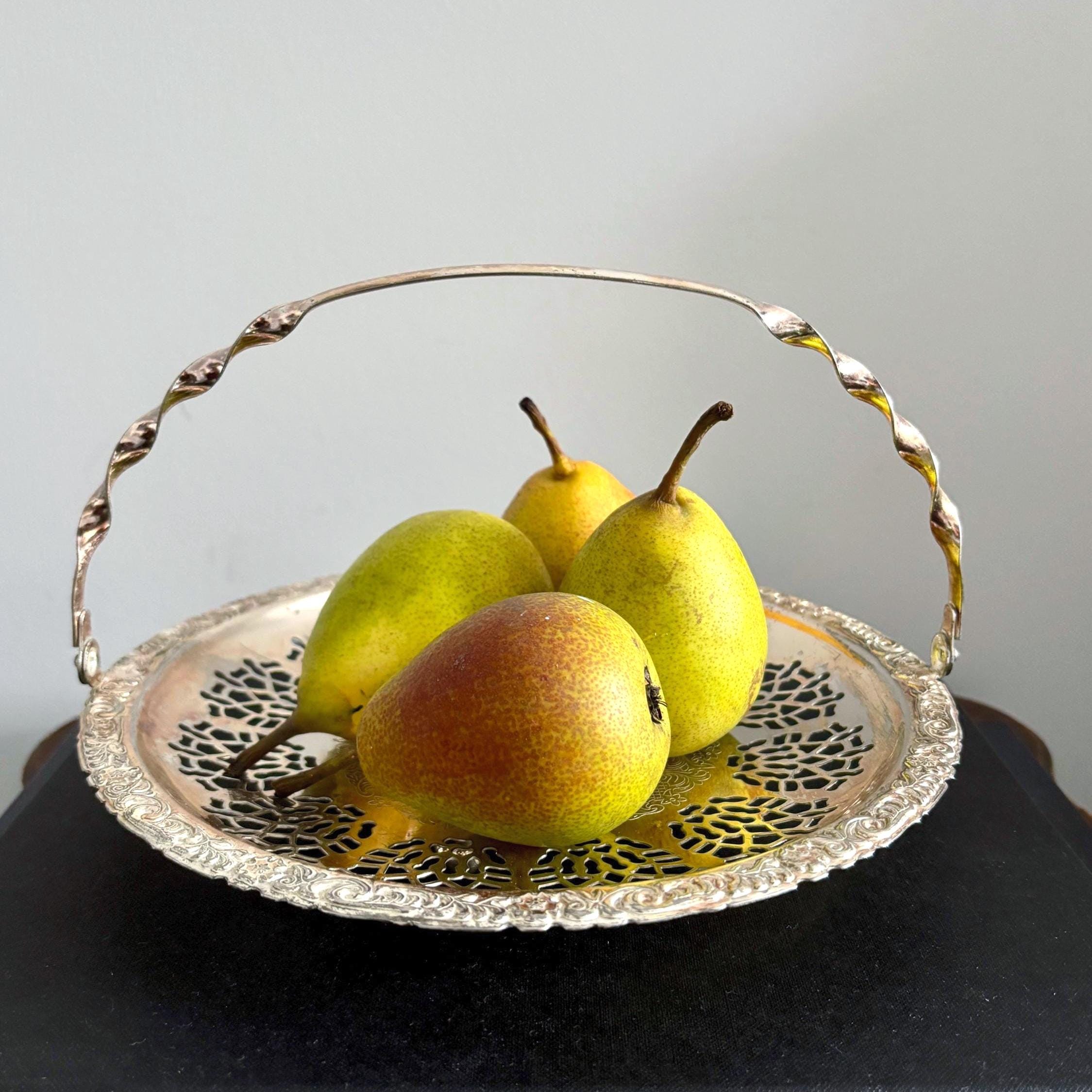 Vintage Silver Plated Pierced Basket Tray with Swing Handle