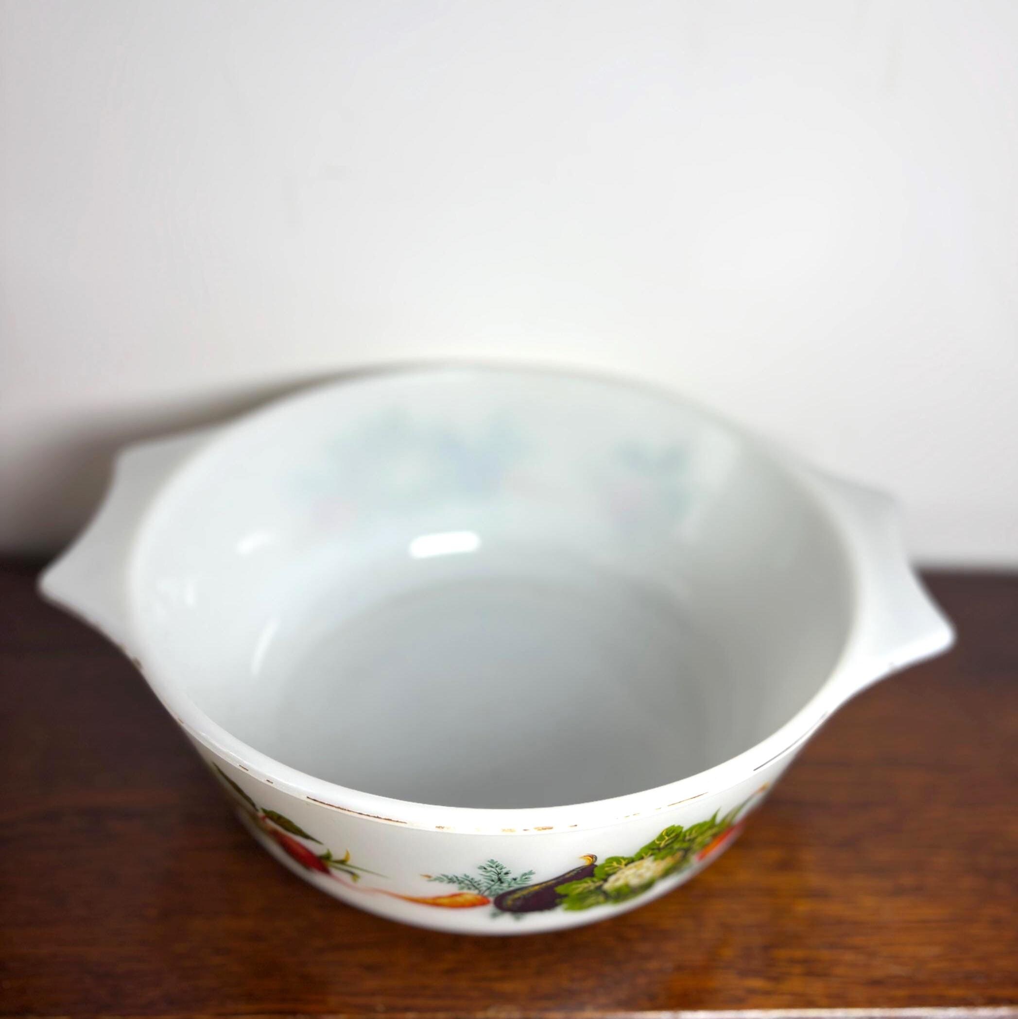 Vintage Milk Glass Casserole Dish Vegetable Pattern Mid Century Kitchen Serving Bowl Handles