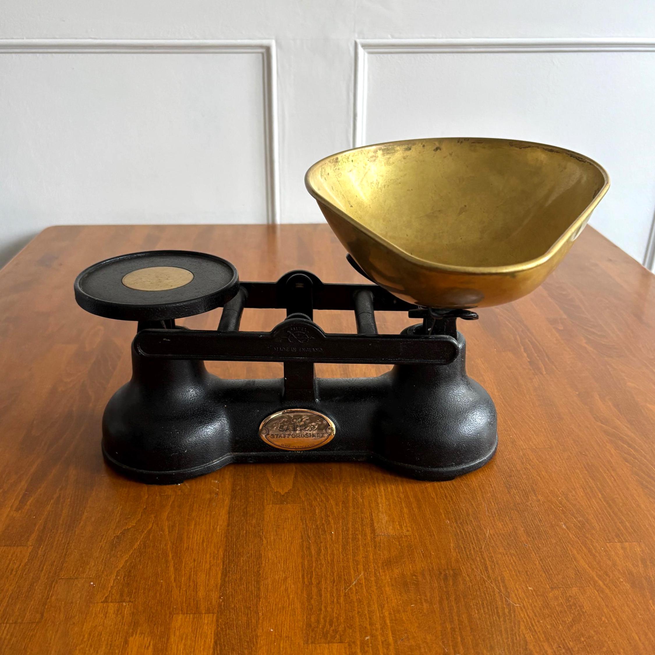 Vintage Salter Staffordshire Kitchen Scales with Brass Bowl & Weights