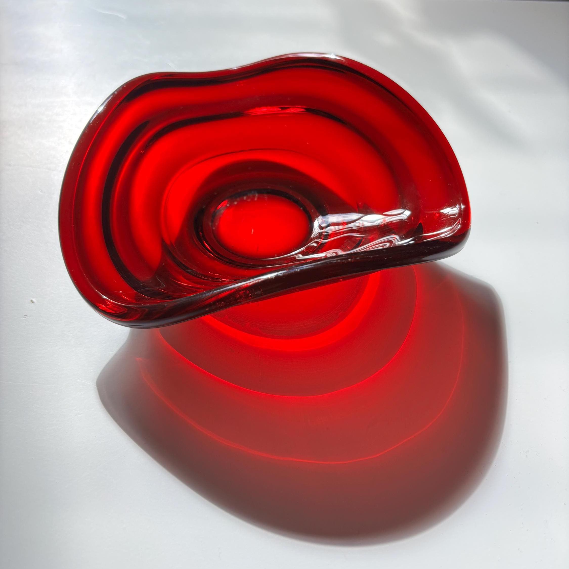 Vintage Ruby Red Art Glass Bowl Freeform Mid Century Scandinavian Style Dish